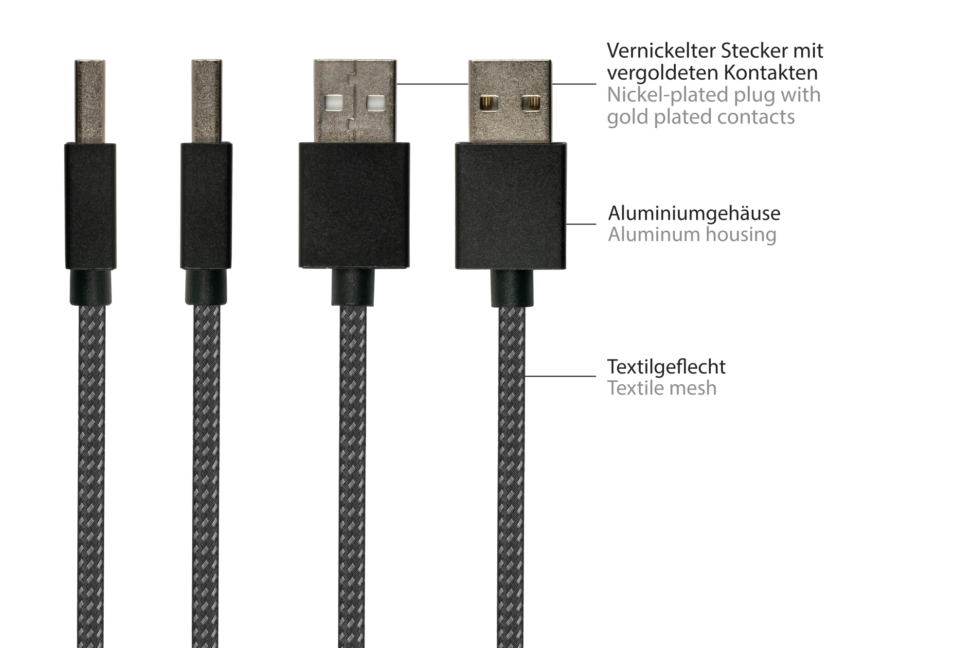 Vier USB-kabels met verschillende connectoren. Eén heeft tekst om onderdelen te labelen.