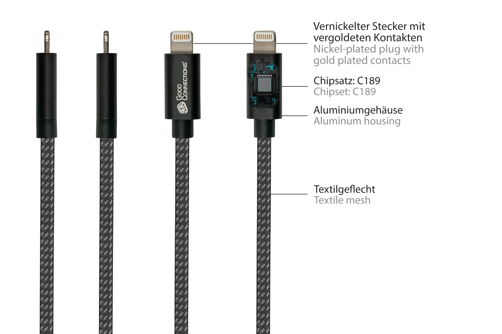 Close-up van zwarte kabels met verschillende connectoren, witte achtergrond.