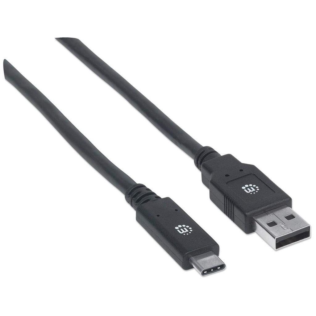 Cavo da USB-C a USB nero, sfondo bianco, logo sul connettore.