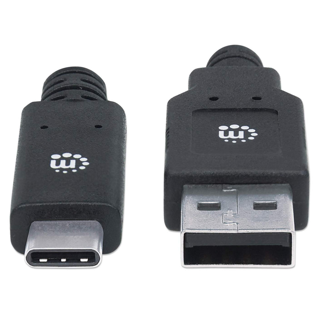 Adattatore da USB-C a USB-A nero. I connettori sono rivolti l'uno verso l'altro. Sfondo bianco.