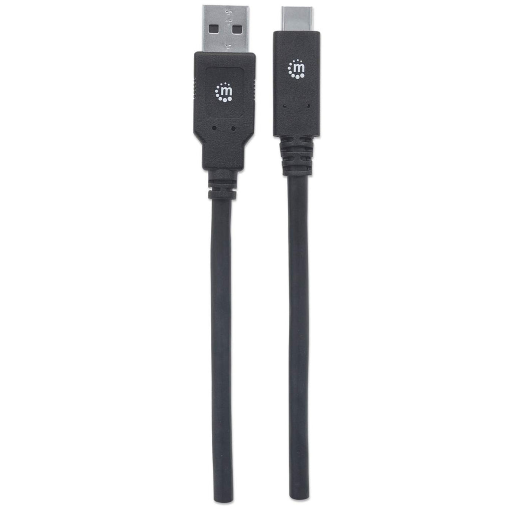Cavo USB nero con connettori USB-A e USB-C. Sfondo bianco.