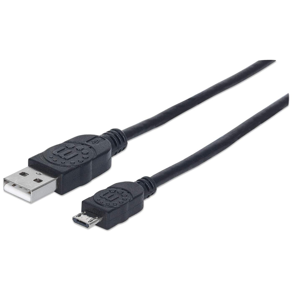 Zwarte USB-kabel met een USB-A en een micro-USB connector. Witte achtergrond.