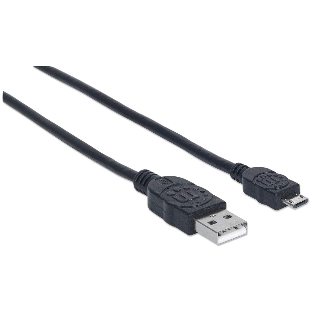 Zwarte USB-kabel, USB-A naar micro-USB connector, witte achtergrond.