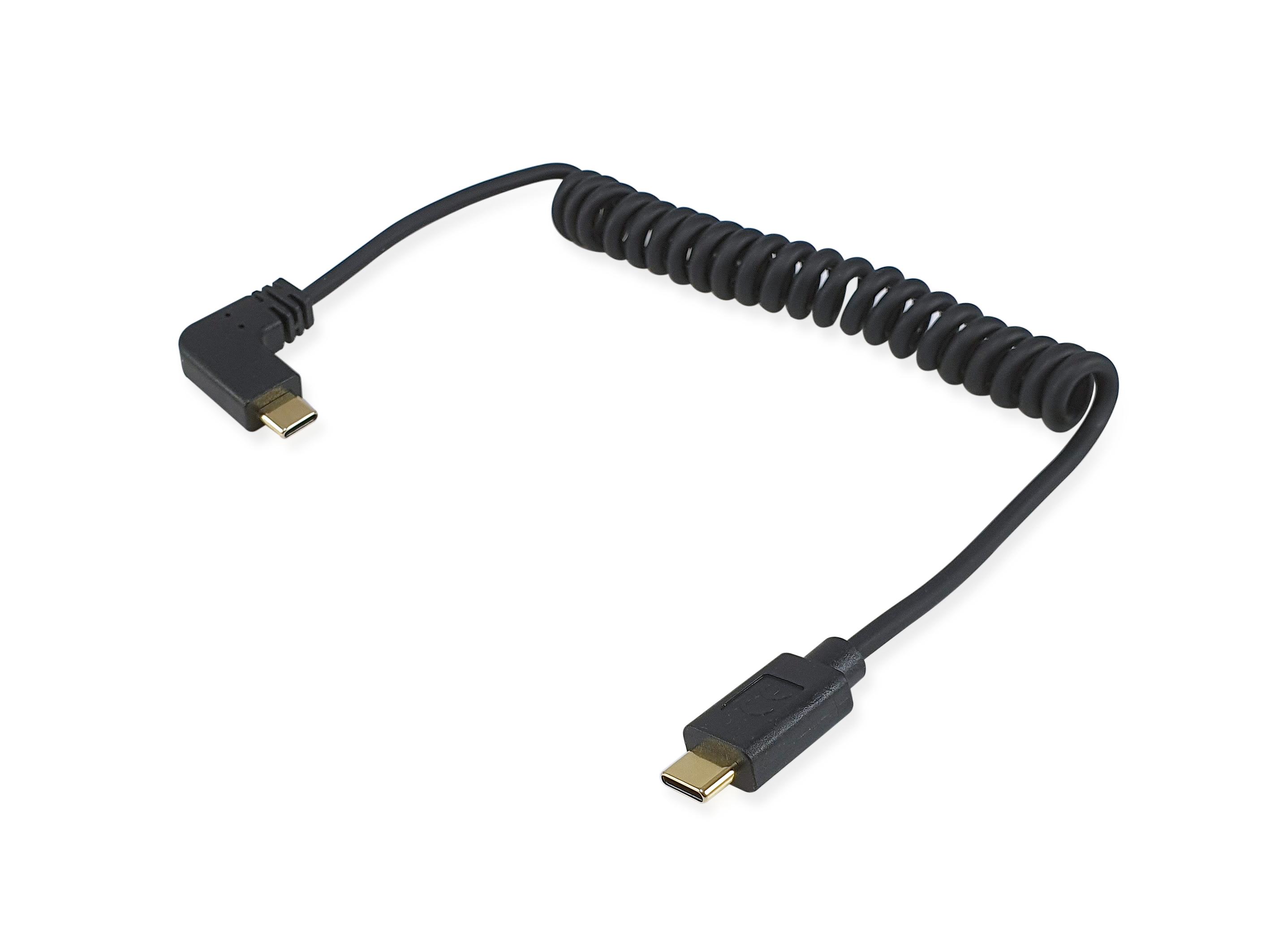 Un cavo USB-C nero a spirale, con un connettore angolato a un'estremità. Su sfondo bianco.