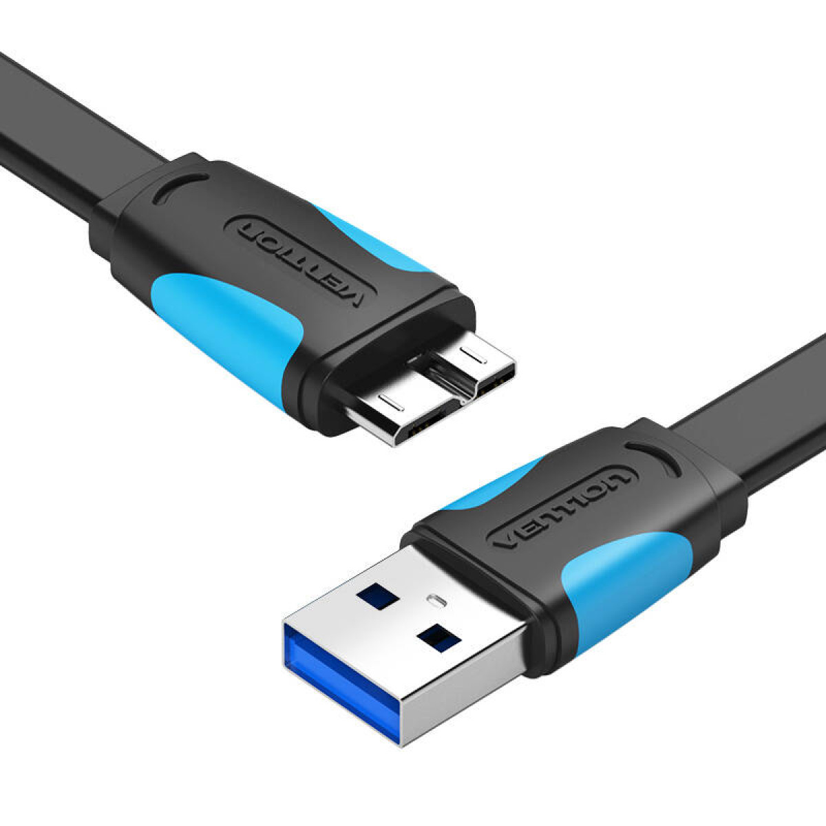 Cavo USB a micro USB nero e blu. Il marchio Vention è visibile.
