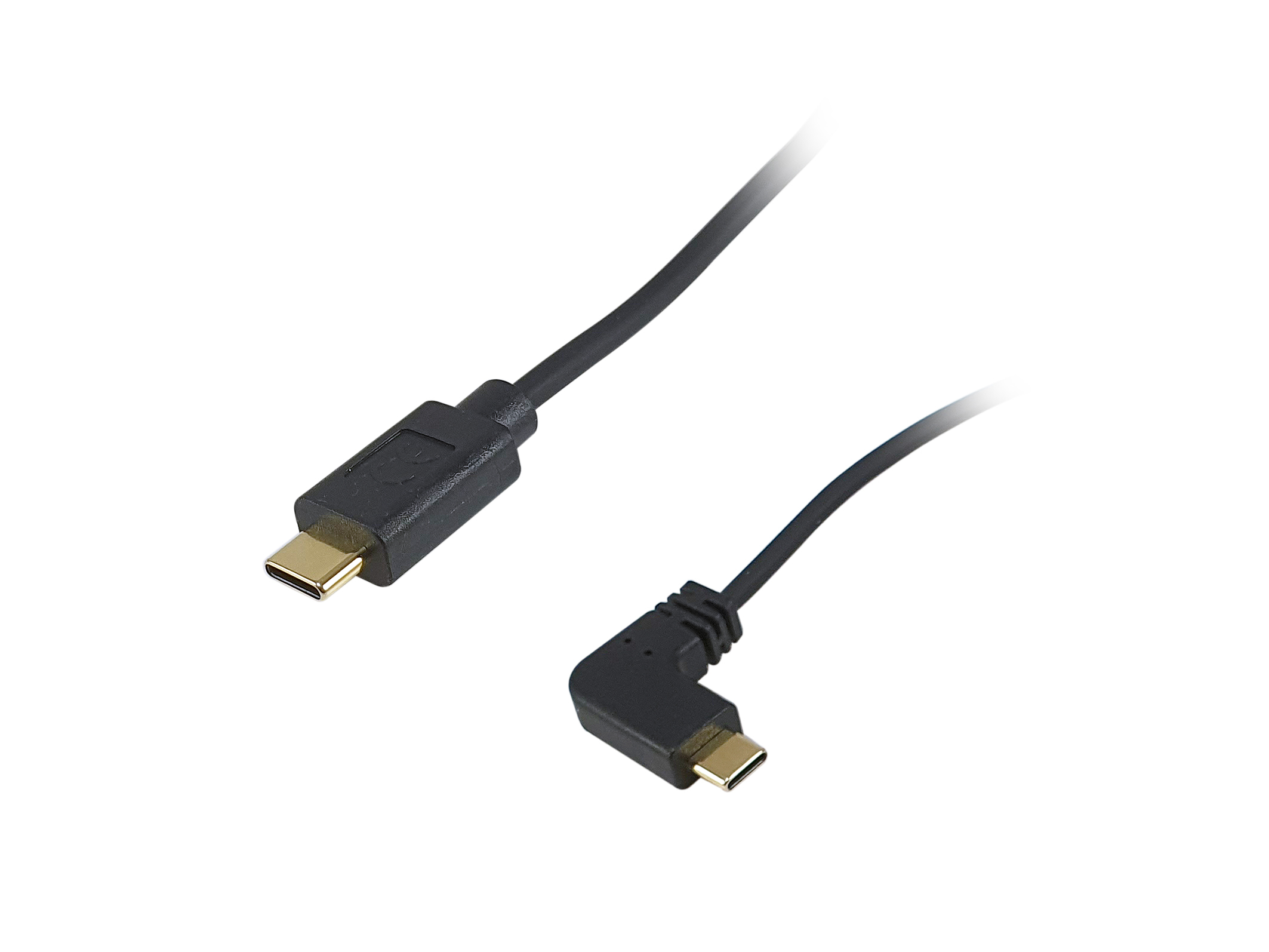 Cavo USB-C nero con connettore ad angolo retto. Sfondo bianco.