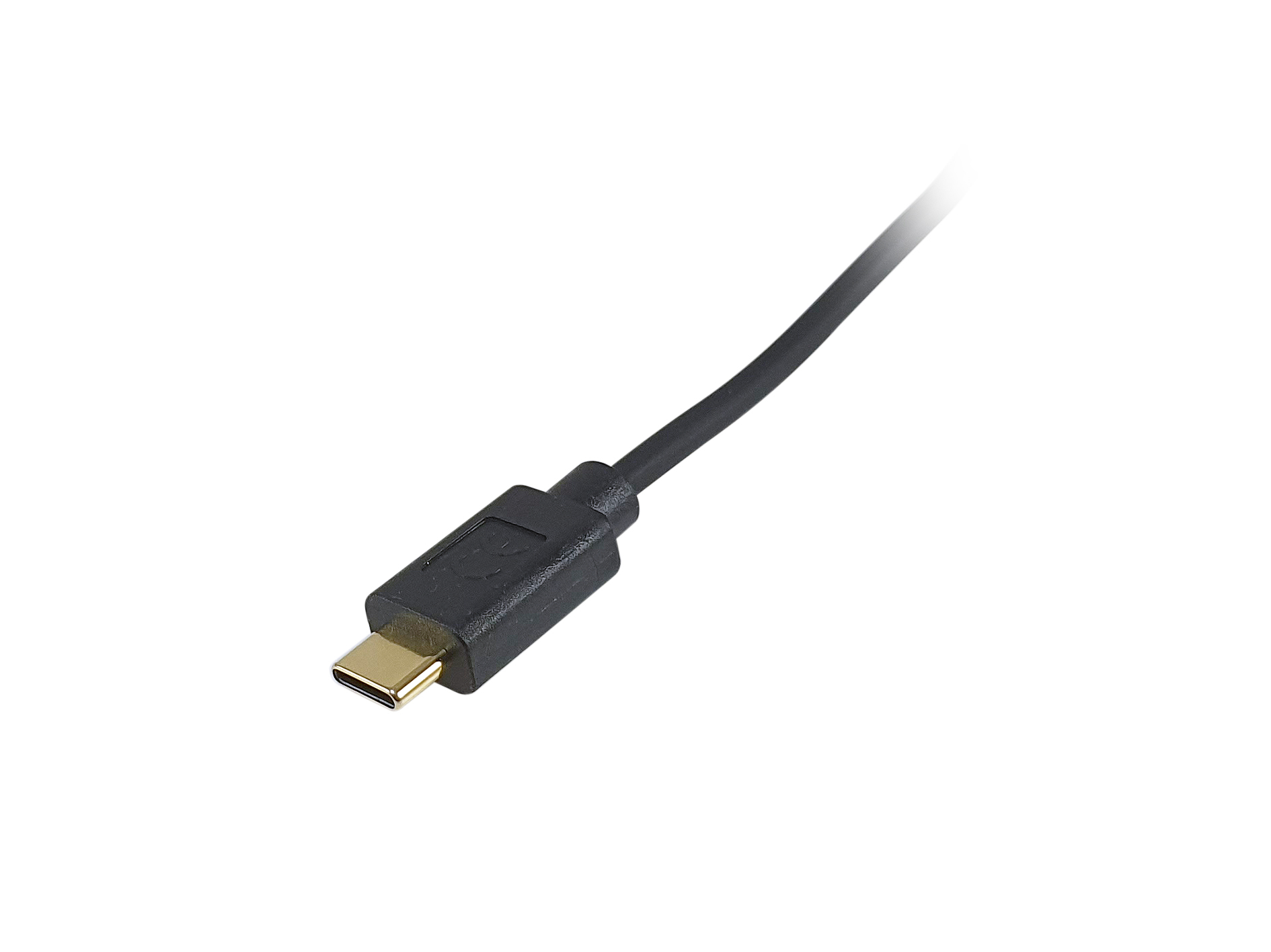 Cavo USB-C nero con sfondo bianco, solo un'estremità visibile.