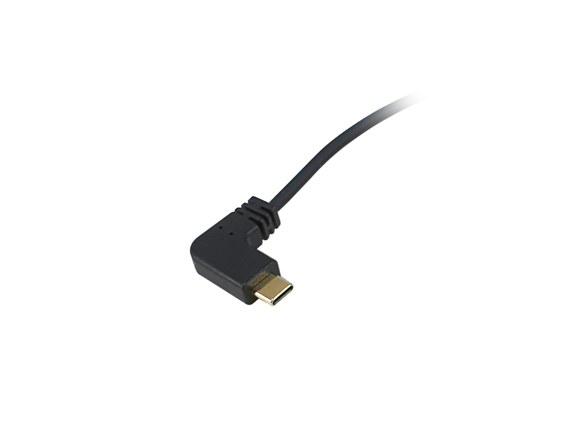 Cavo USB-C nero con connettore ad angolo di 90 gradi, su sfondo bianco.