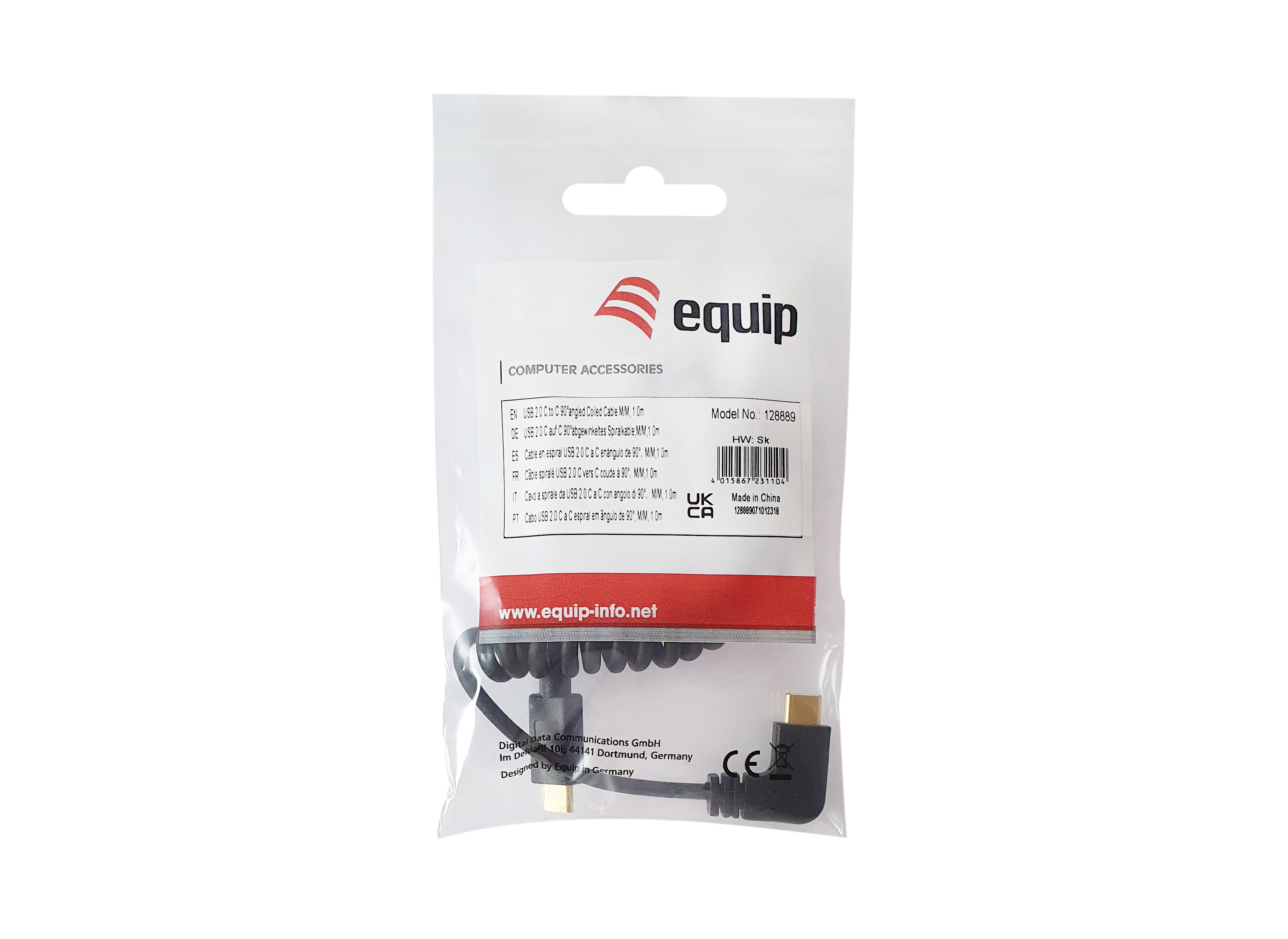 Un cavo USB-C nero arrotolato in una confezione di plastica con l'etichetta 'equip'.