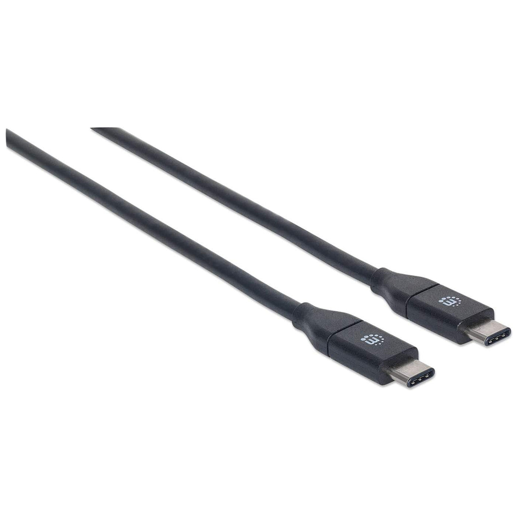 Due cavi USB-C neri su una superficie bianca, connettori ad entrambe le estremità.