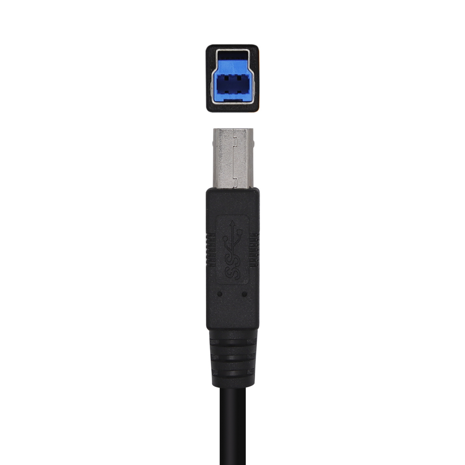 Een zwarte USB-kabel met een USB-B-connector en een USB-A-connector, beide zwart.