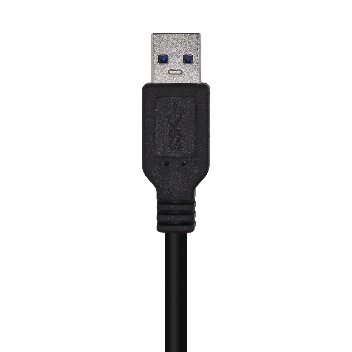 Zwarte USB 3.0-kabel met een USB-A-connector, op een witte achtergrond.