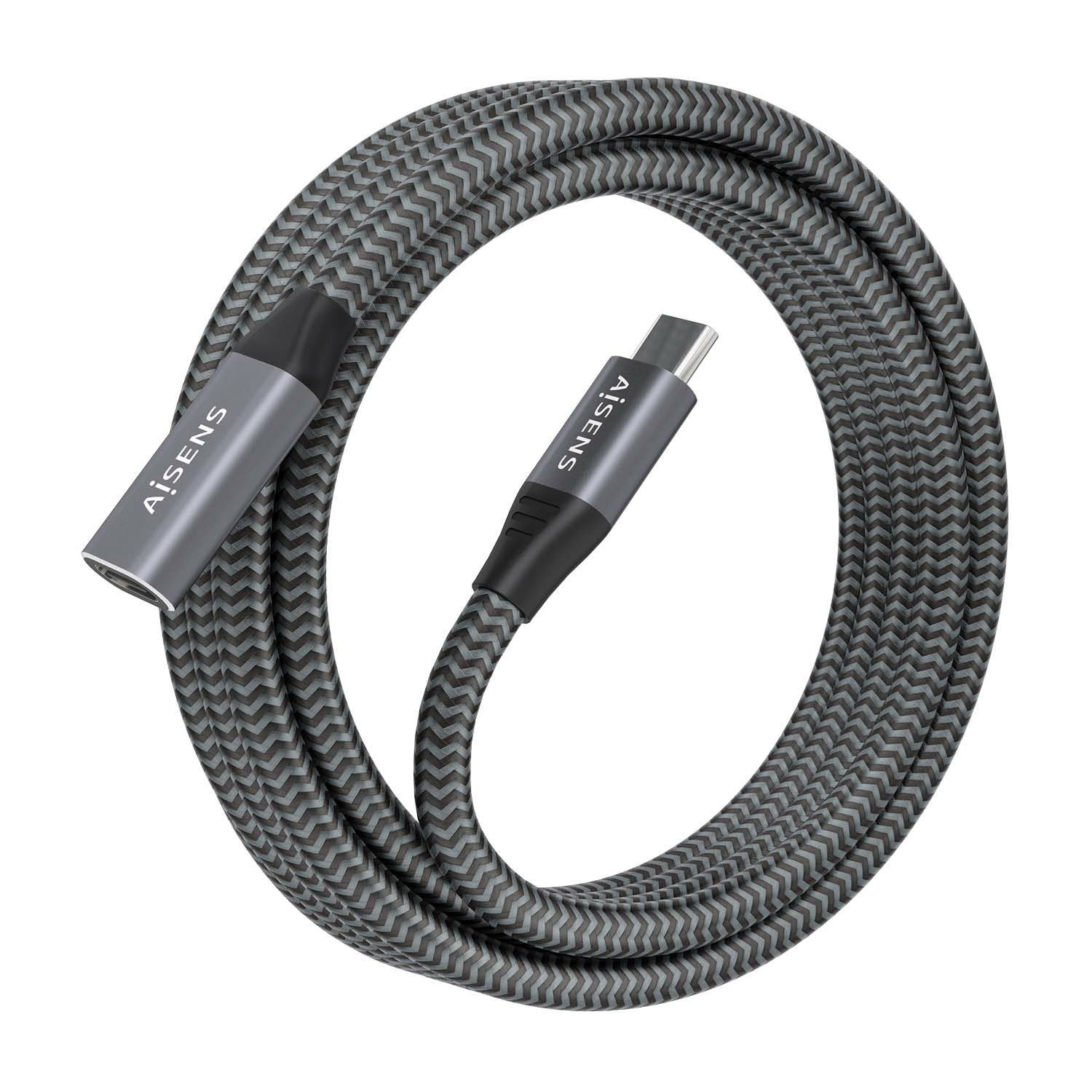 Grijze USB-C-kabel, gevlochten ontwerp. Connectoren grijs met zwarte accenten.