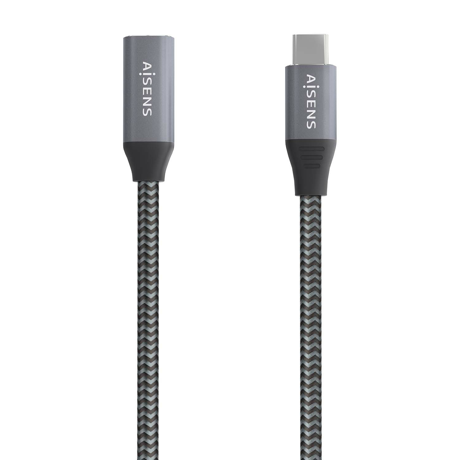 Grijze kabel met twee connectoren. Zwarte connectoren. De kabel is gevlochten.