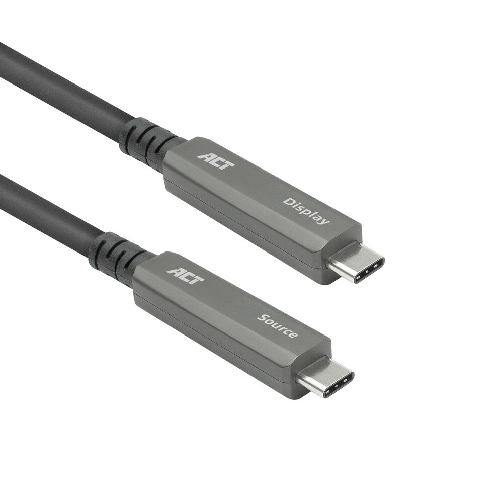 Cavo USB-C nero con due connettori grigi con l'etichetta 'ACT'. Sfondo bianco.