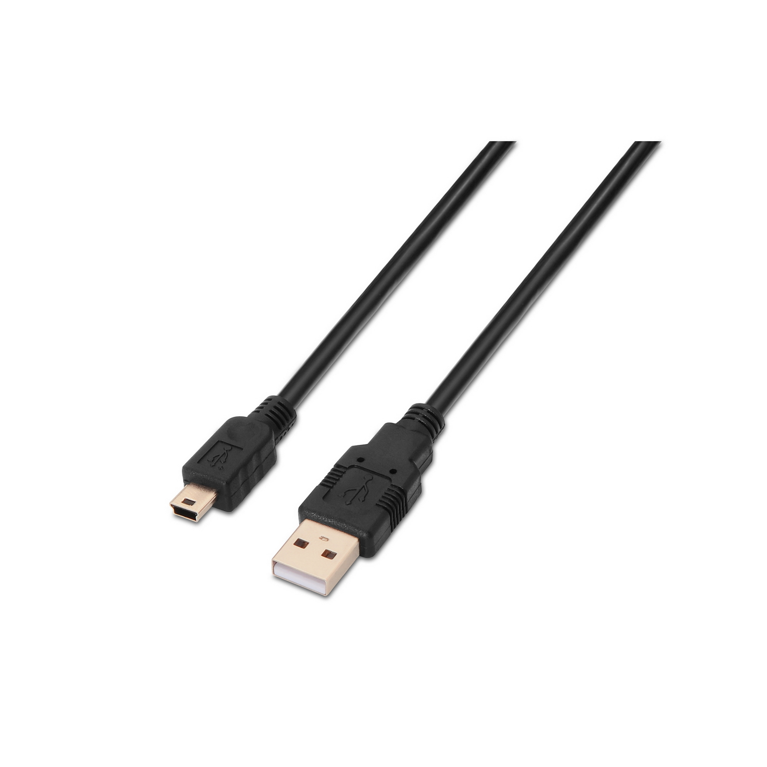 Un cavo USB nero con un connettore USB-A e micro-USB. Il cavo è su sfondo bianco.
