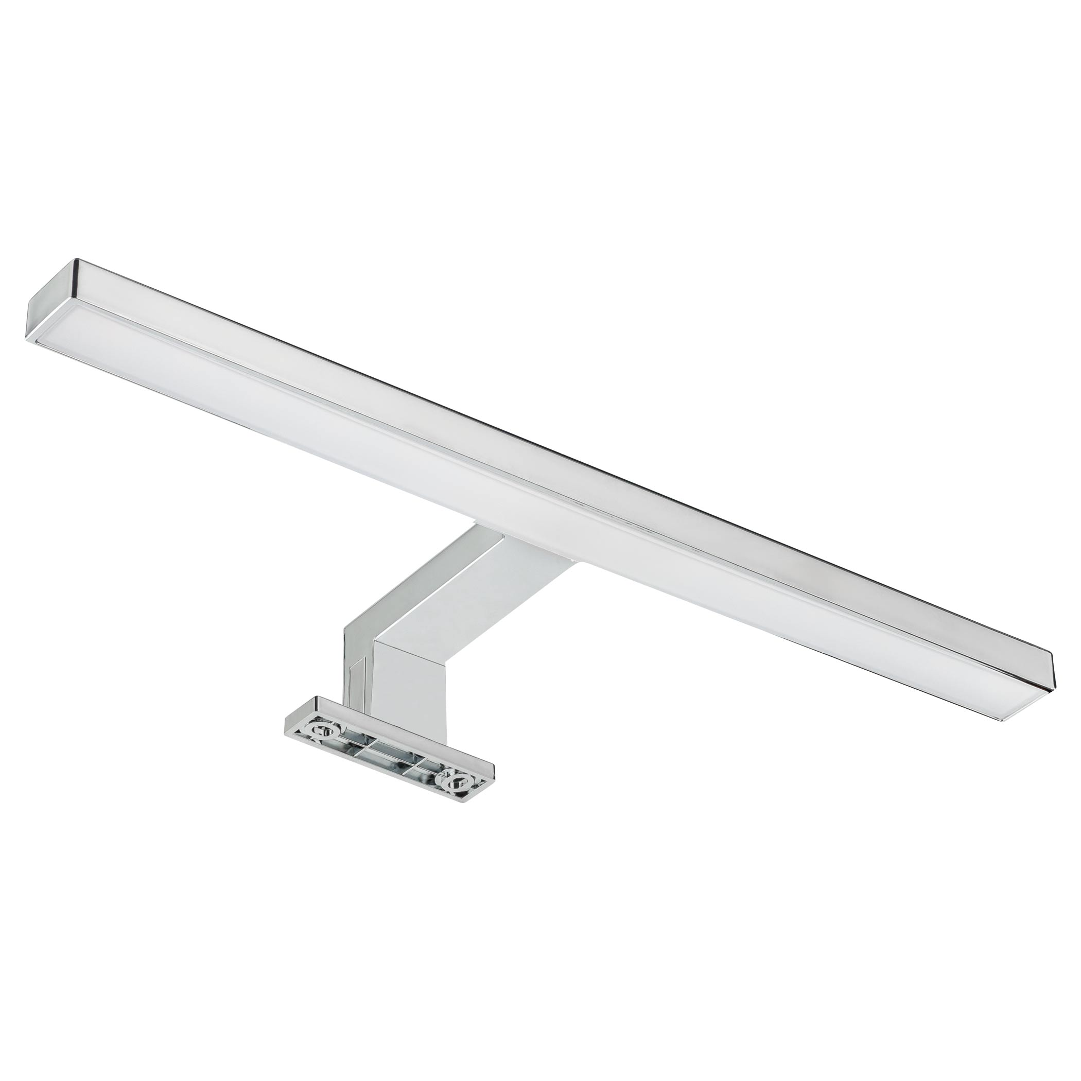 Eine silberne rechteckige LED-Leuchte, an einer Wand montiert, mit einem Seitenarm.