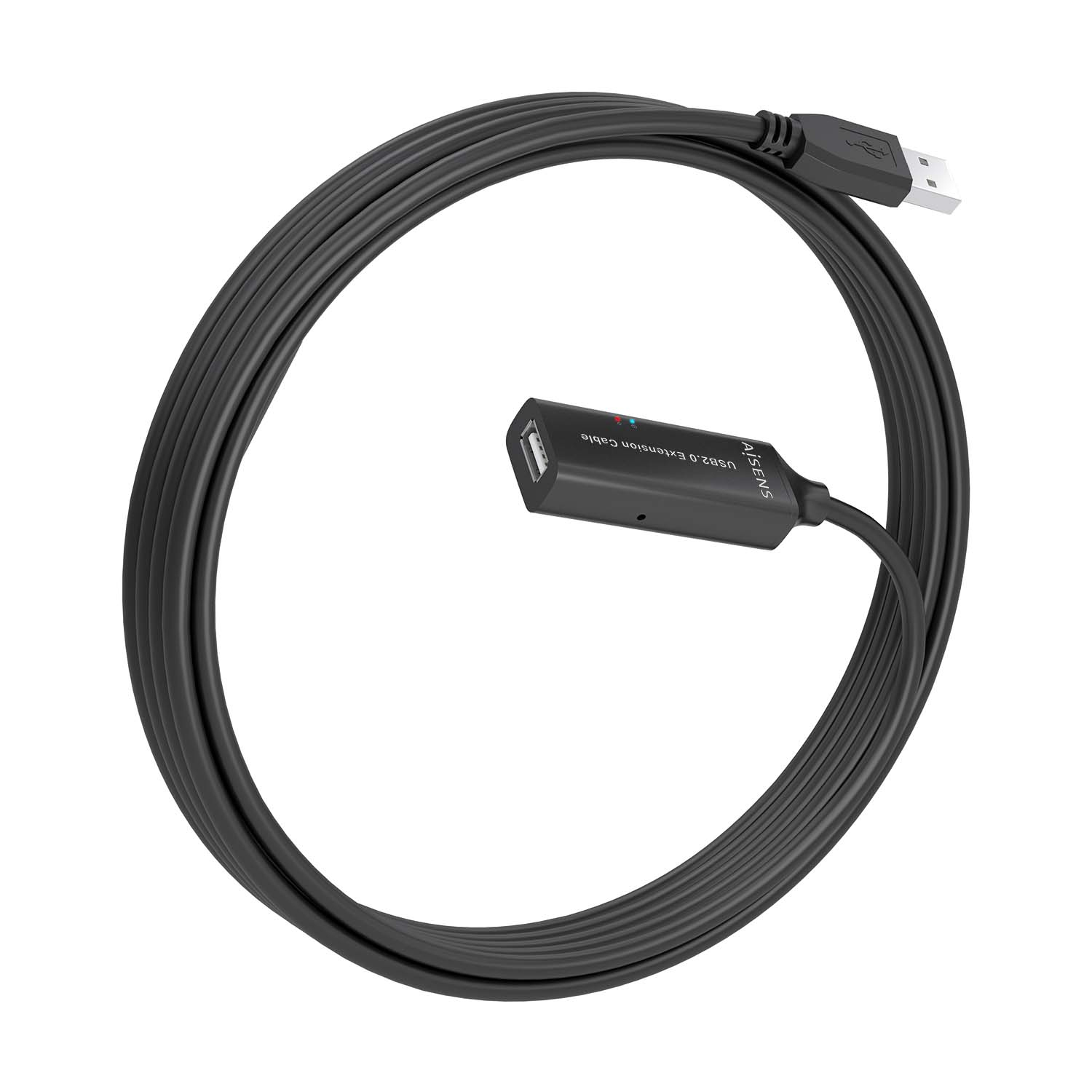 Zwarte USB 2.0 verlengkabel opgerold, met een vrouwelijke en mannelijke connector.