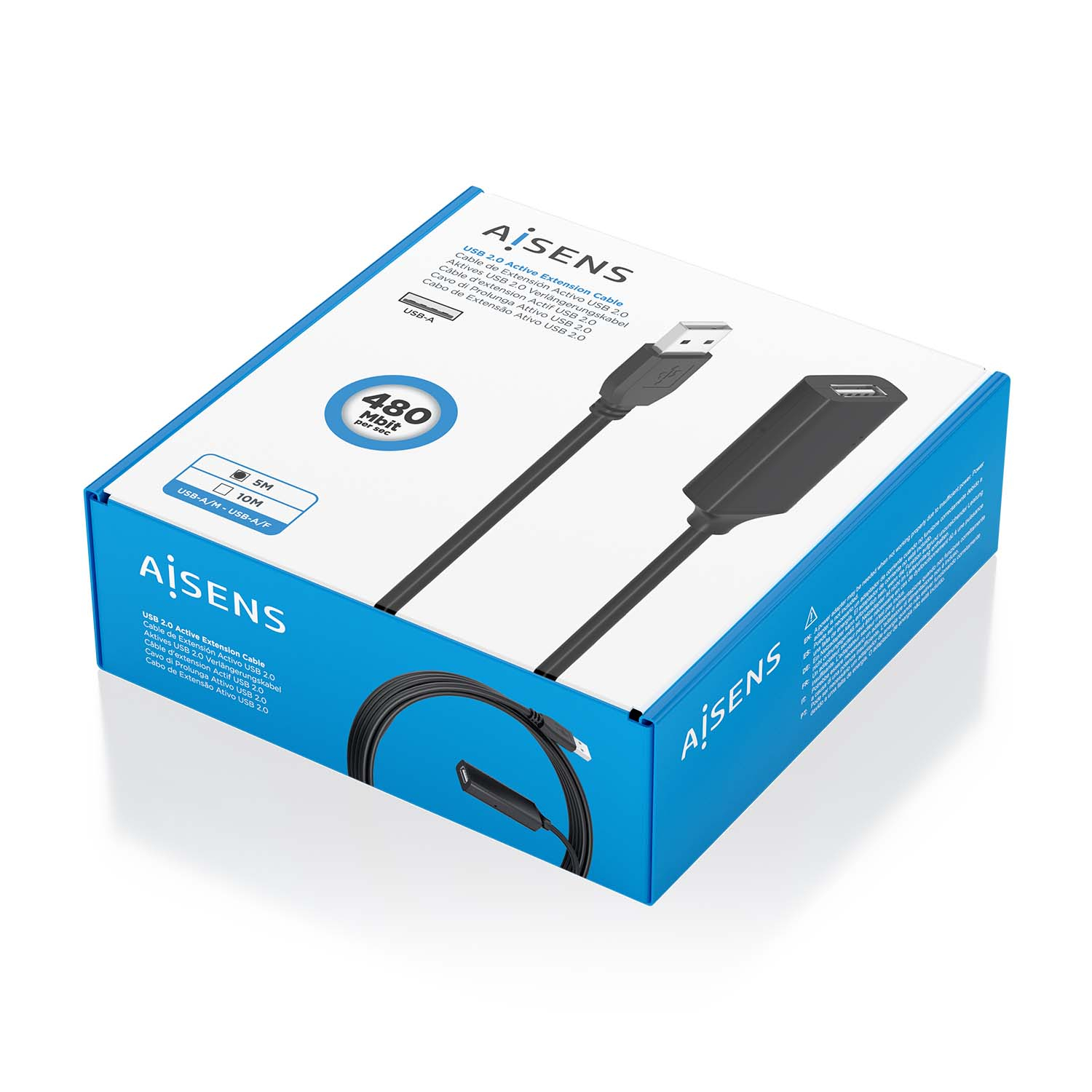 Verpakte USB 2.0 actieve verlengkabel. Zwarte kabel, blauw-witte doos. 480 Mbit/s.