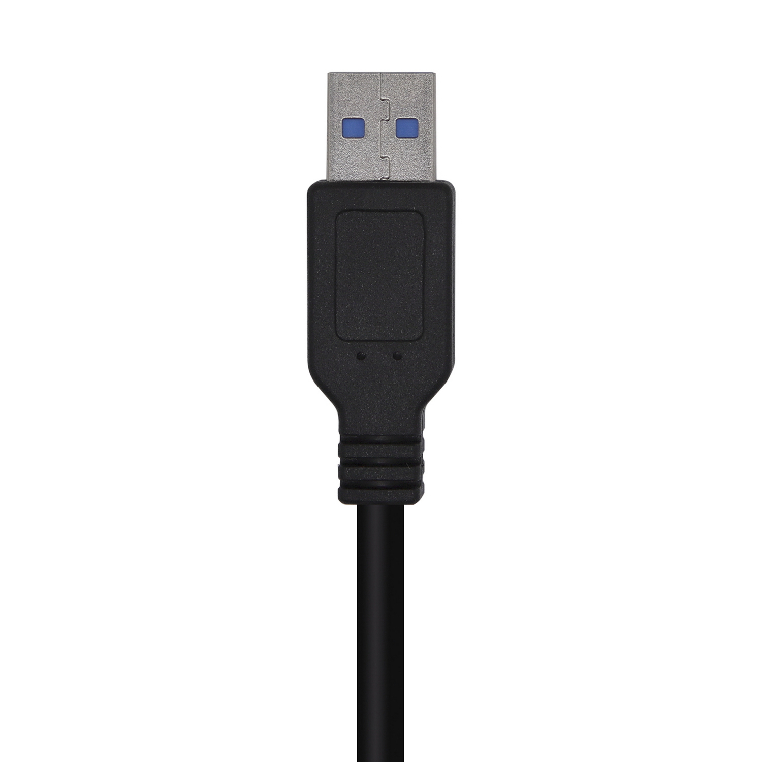 Zwarte USB-connector met blauw interieur op witte achtergrond.