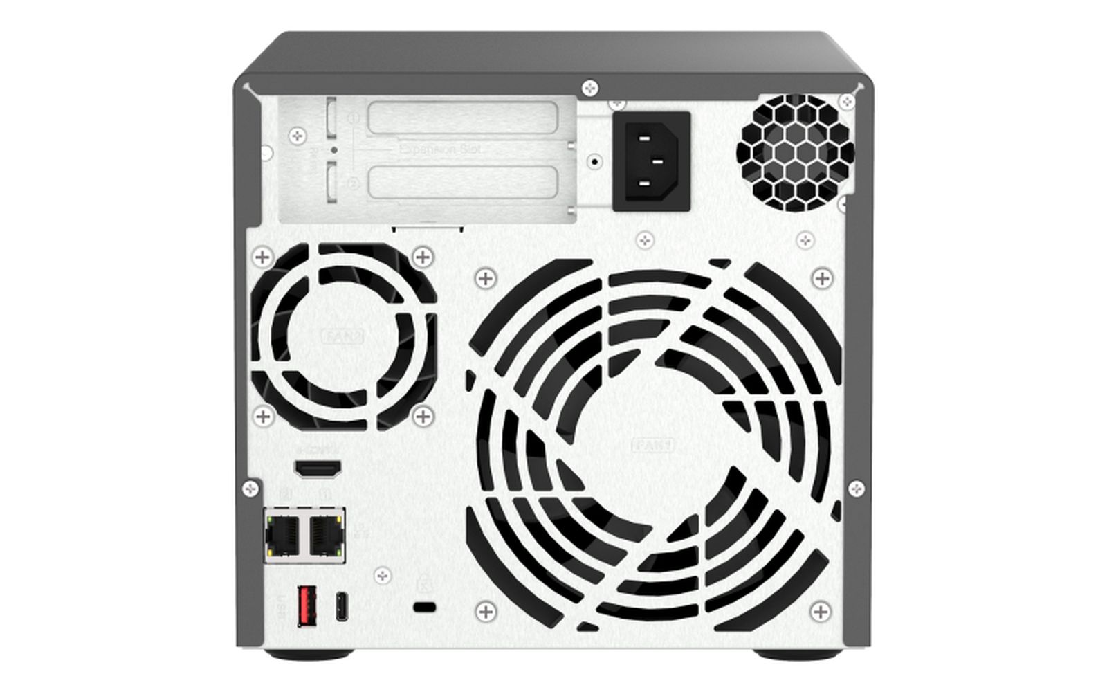 Rückansicht eines schwarzen QNAP NAS-Servers mit Lüftern, Anschlüssen und Stromeingang, vor weißem Hintergrund.