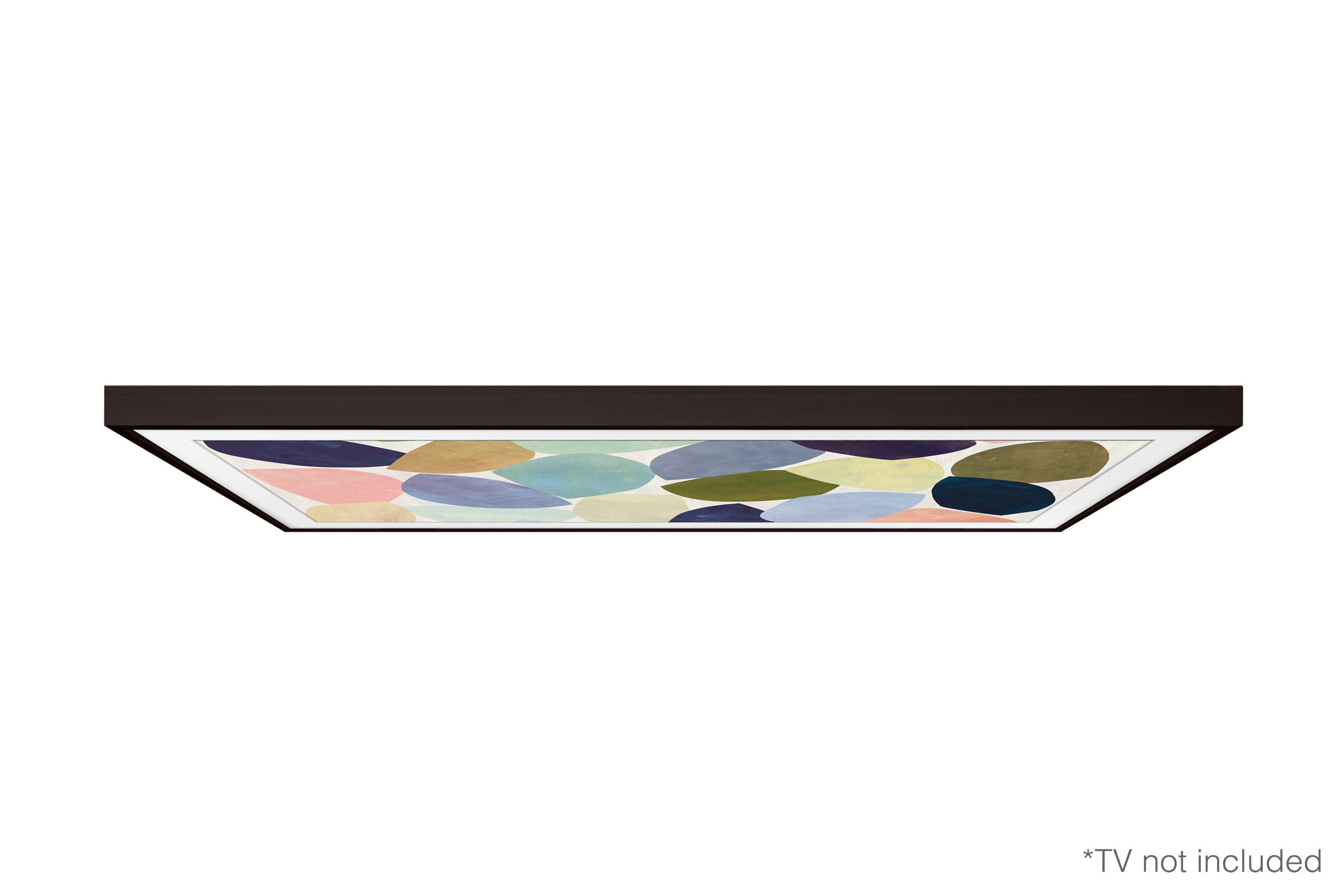 Pantalla de TV con formas abstractas de colores. Marco marrón, fondo blanco. *TV no incluido.