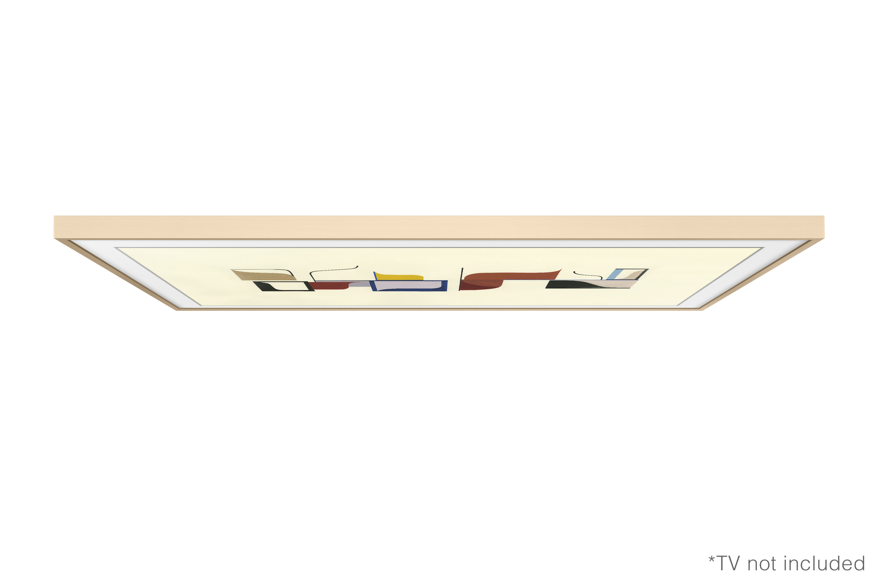 Obra de arte enmarcada con marco beige, formas abstractas en varios colores sobre fondo claro.