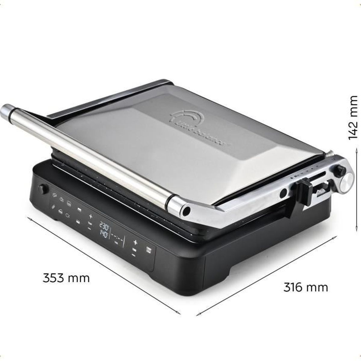Silber-schwarzer Elektrogrill mit Abmessungen und Maßen an der Seite.