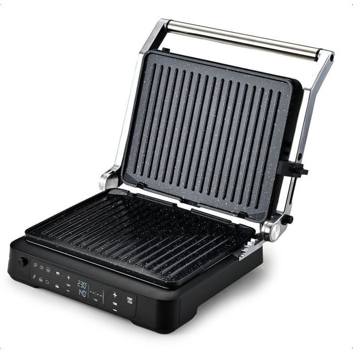 Offenes schwarzes und silbernes Grillgerät, das Kochflächen zeigt.