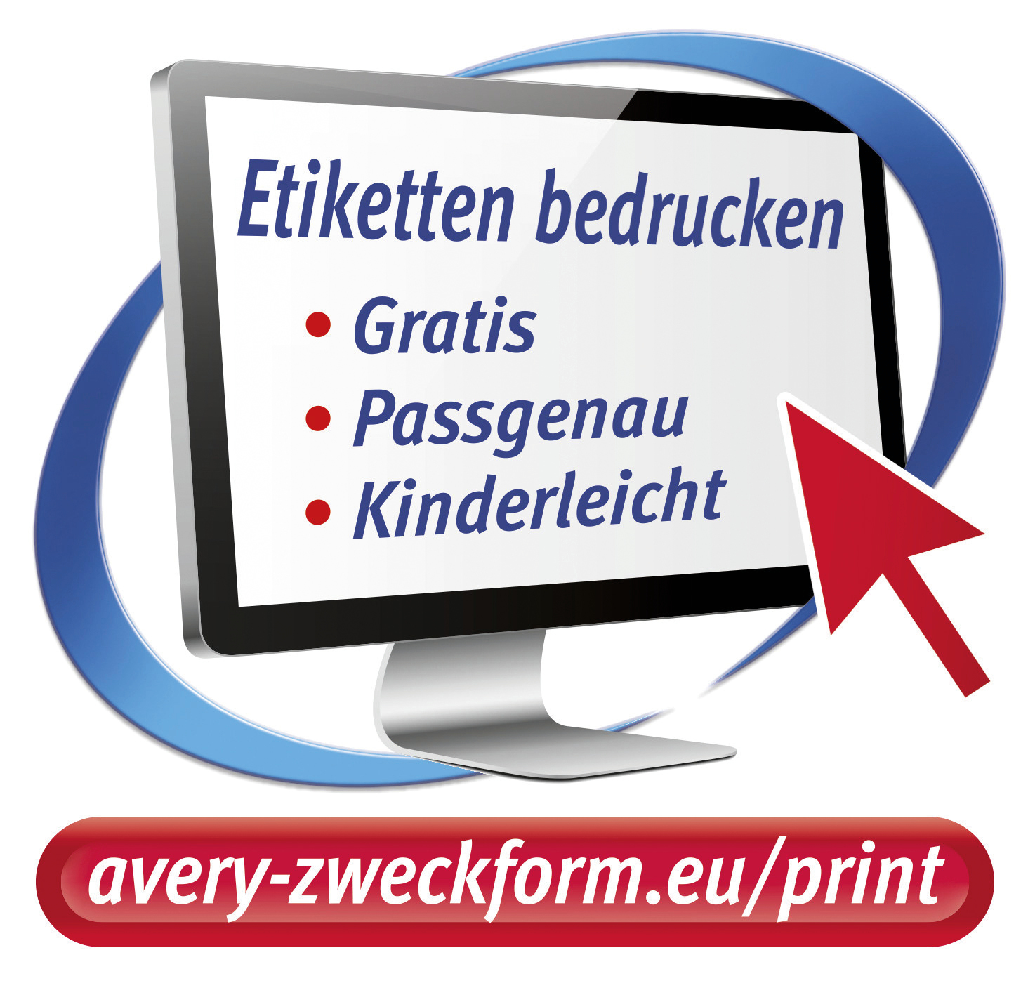 Computermonitor mit Text 'Etiketten bedrucken' und rotem Pfeil.