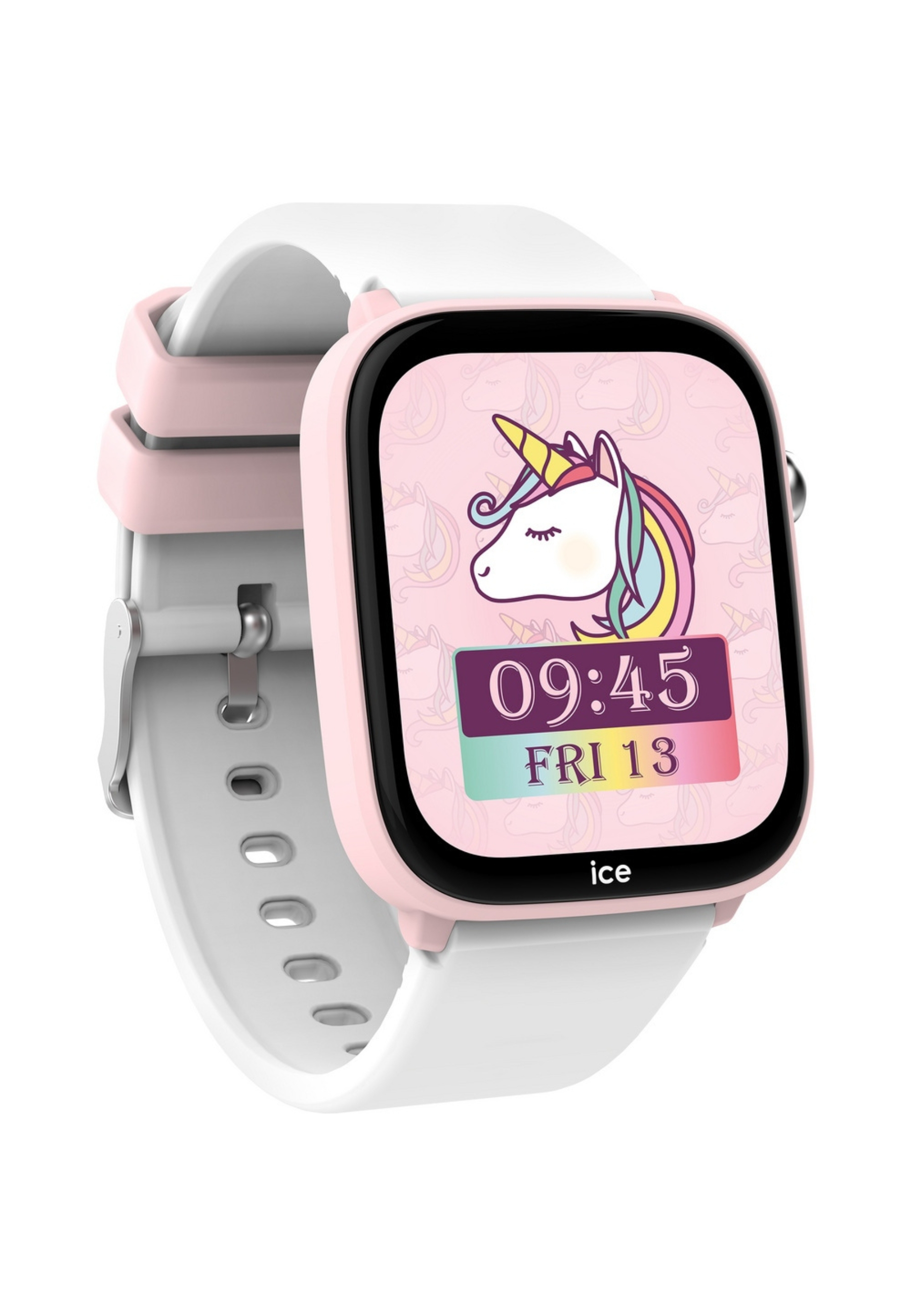 Rosa-weiße Kinder-Smartwatch mit Einhorn-Display auf weißem Hintergrund.