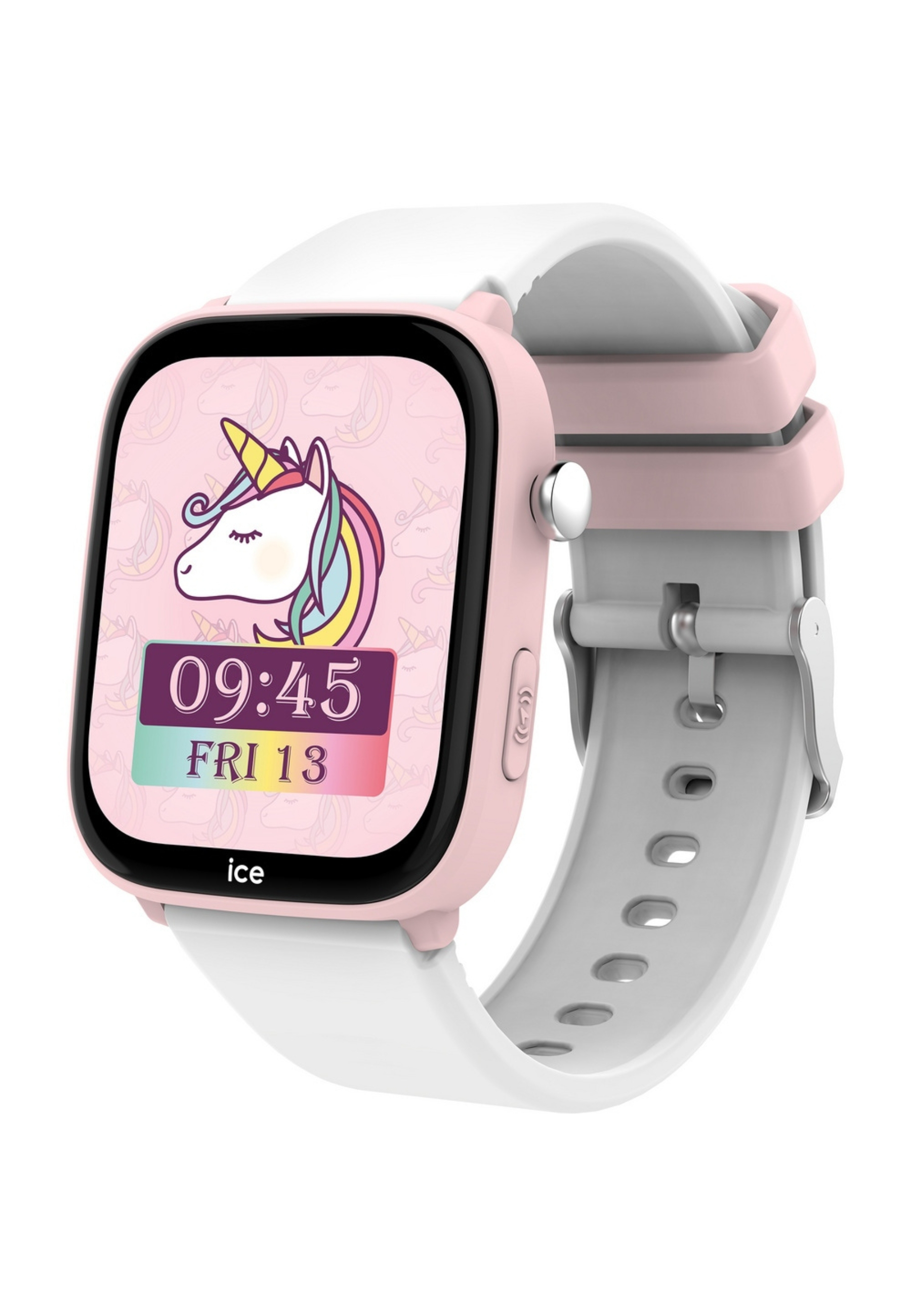 Rosa-weiße Smartwatch mit Einhorn-Display, das die Uhrzeit anzeigt. Weißer Hintergrund.