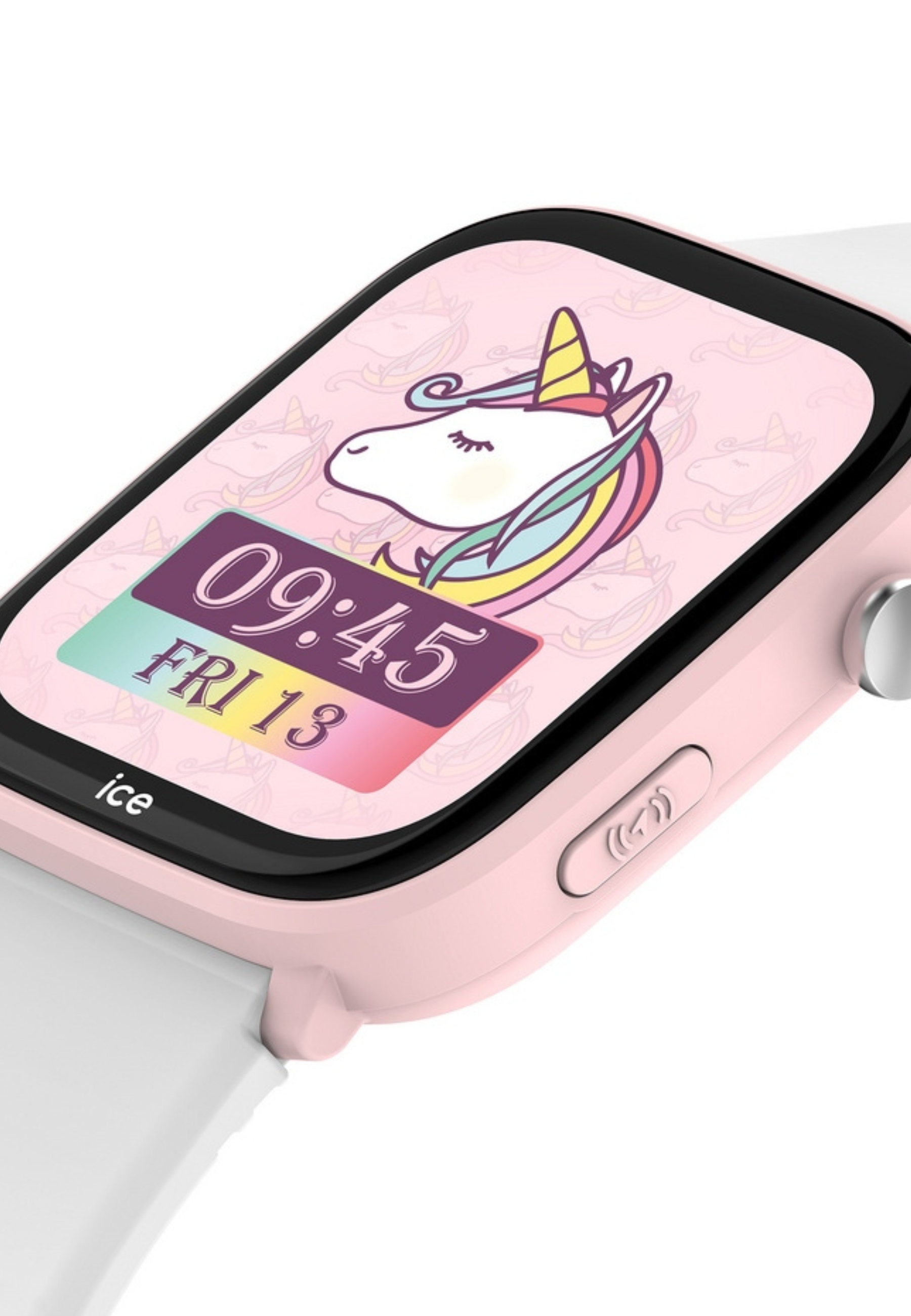Eine rosa Smartwatch mit einem Einhorn-Bild auf dem Bildschirm, das die Uhrzeit 09:45 und Freitag, den 13. anzeigt.