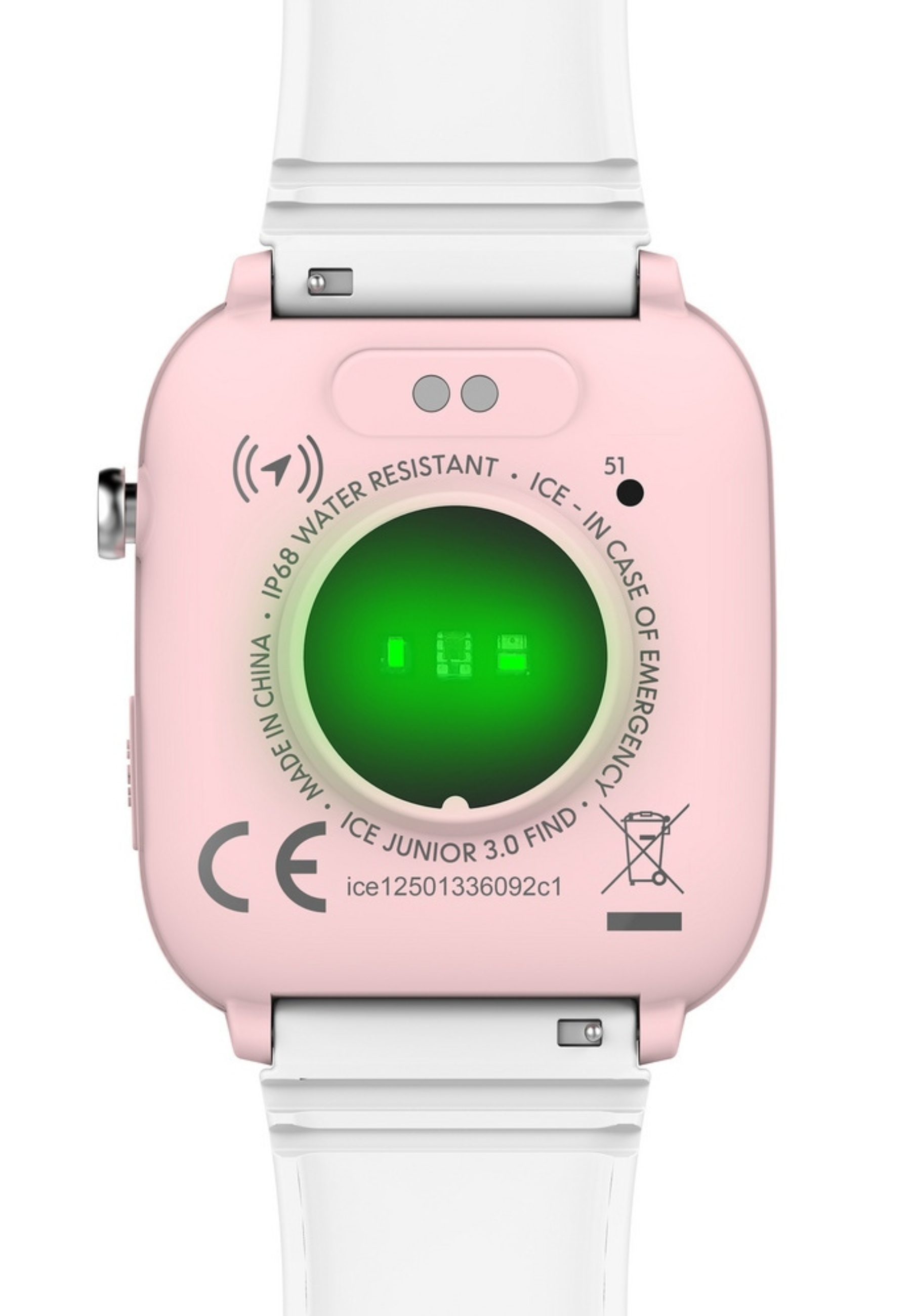 Die Rückseite einer rosa Smartwatch mit einem grünen Sensor und einem weißen Armband. Die Uhr hat Text drauf.