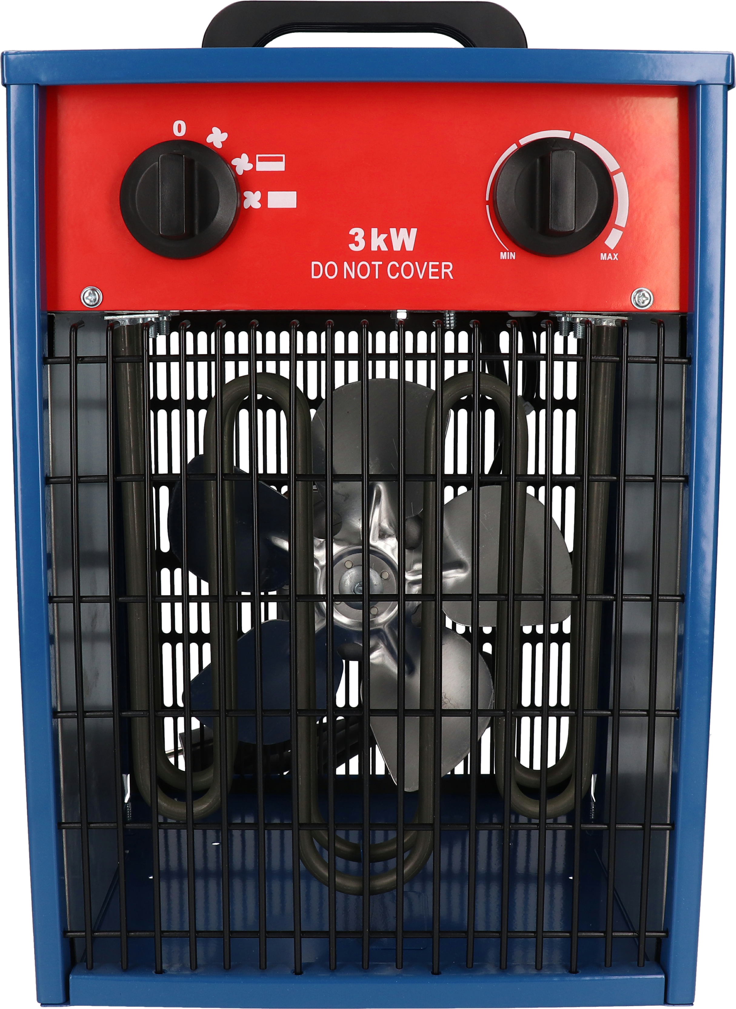 Ein rot-blauer Elektroheizer mit zwei Drehknöpfen, einem Ventilator und einem Heizelement.