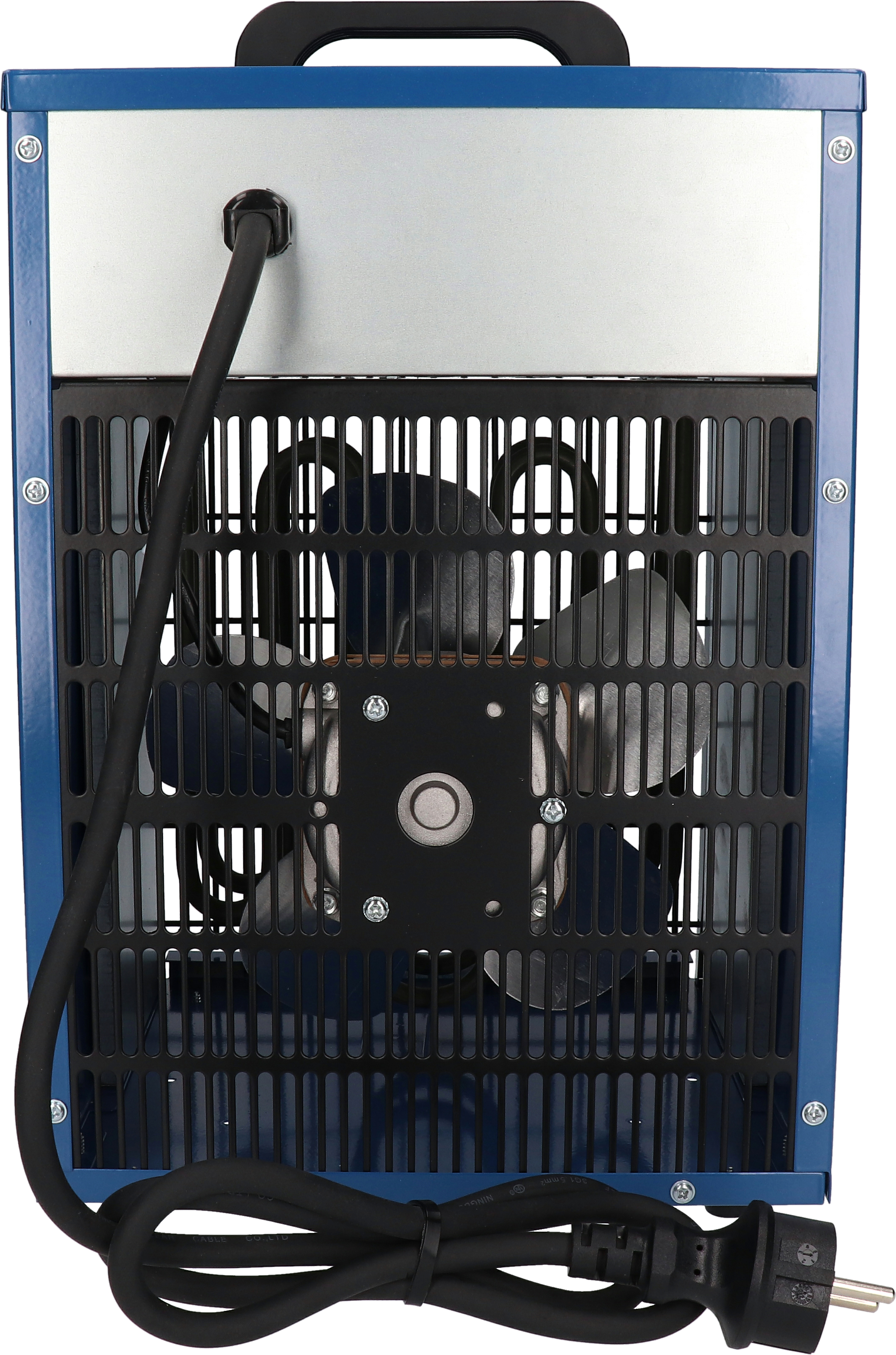 Die Rückseite eines blauen elektrischen Heizlüfters. Er hat einen Ventilator und ein schwarzes Netzkabel.