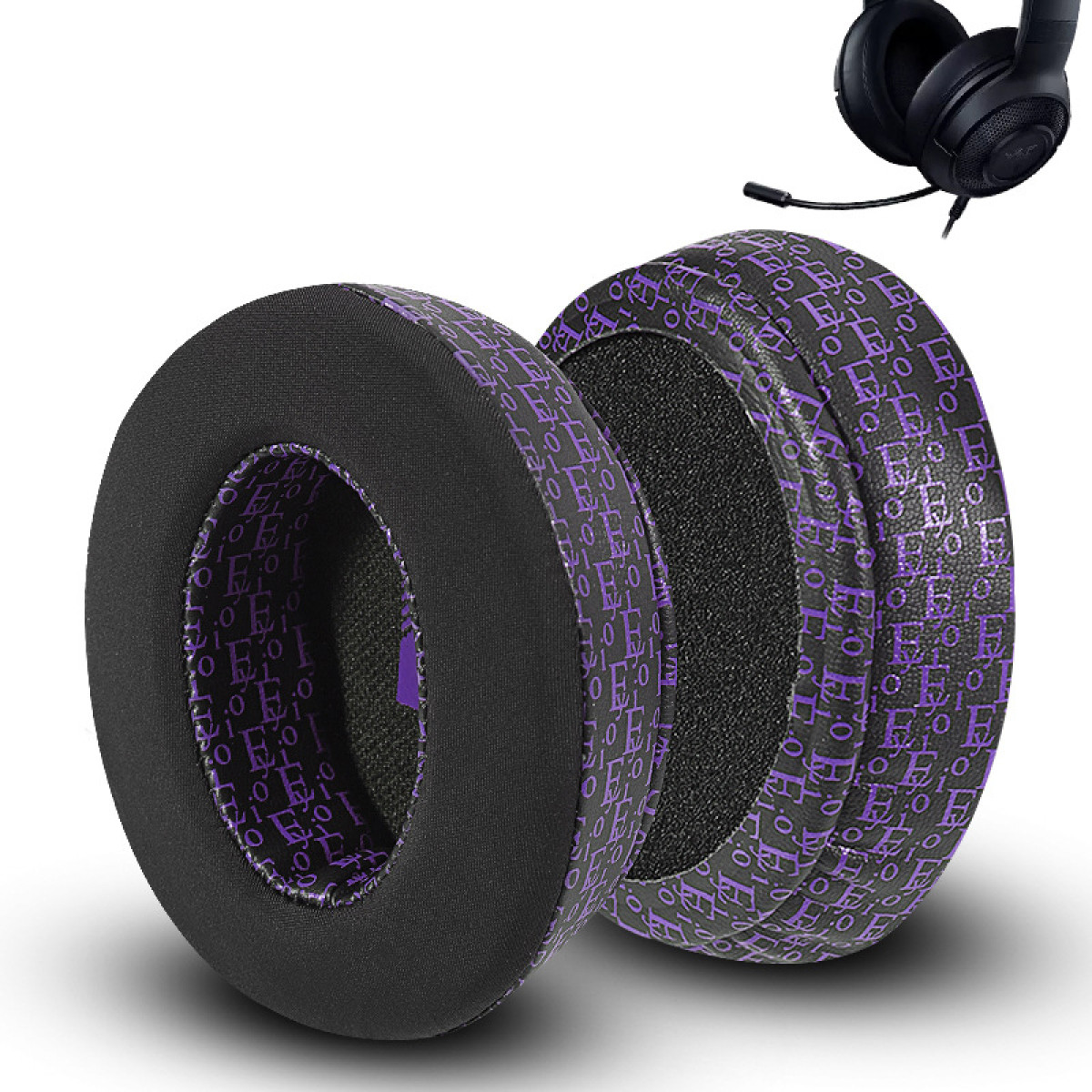 Due cuscinetti auricolari neri per cuffie. Uno mostra un motivo viola, l'altro è capovolto.