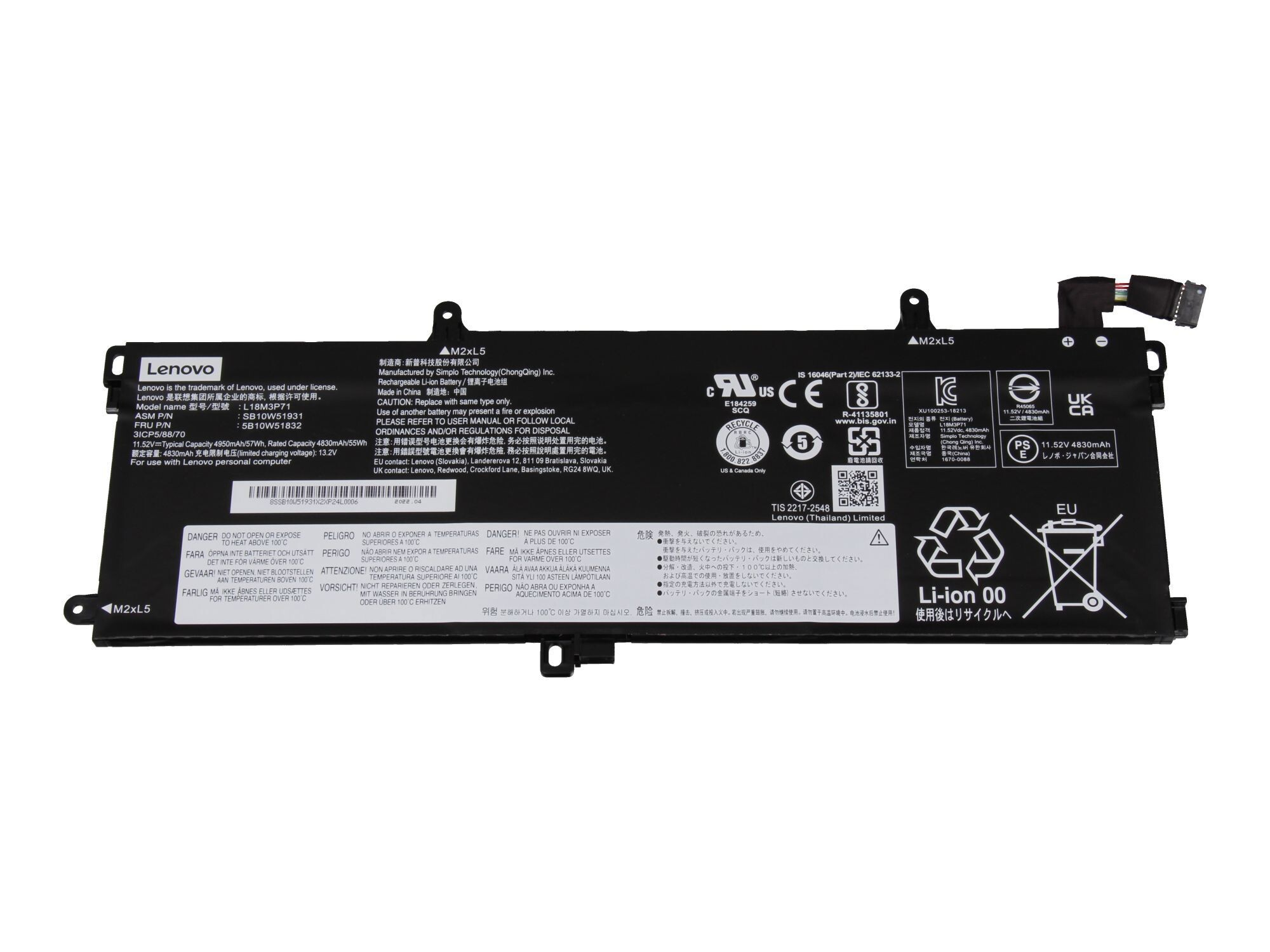 Lenovo Laptop-Akku, schwarz, mit Etiketten, Anschlüssen und Sicherheitshinweisen.