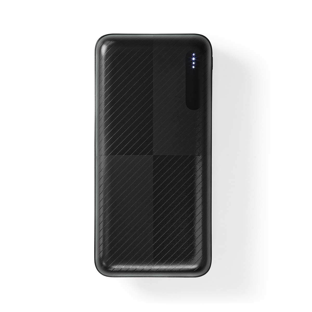 Schwarze Powerbank mit strukturierter Oberfläche und kleinen Lichtern zur Anzeige des Akkustands.
