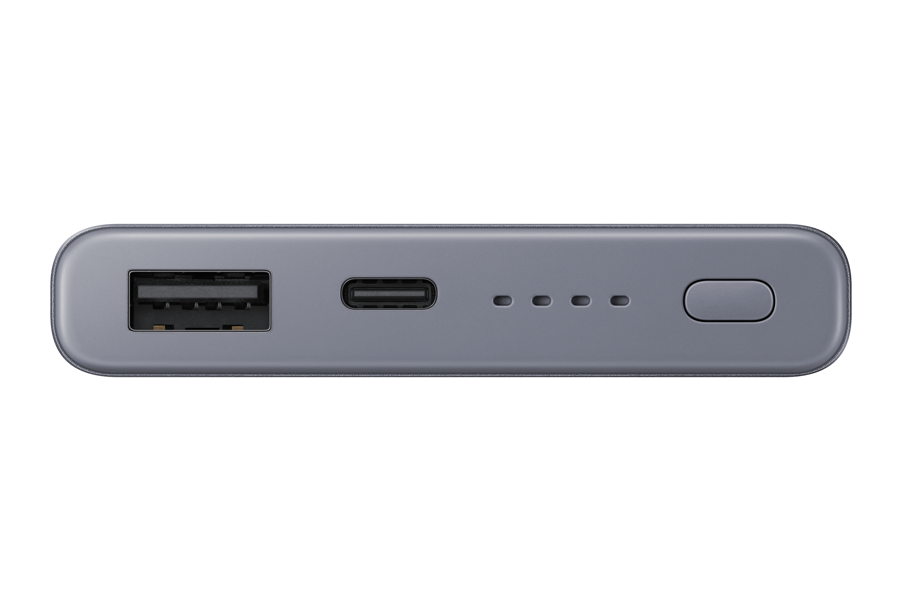 Power bank grise avec ports USB et USB-C et un bouton.