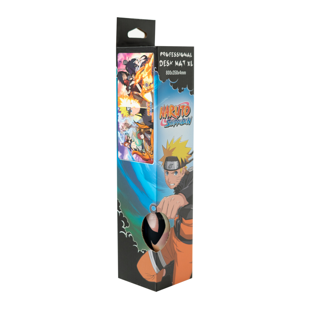 Verpackung für Naruto Shippuden Schreibtischunterlage mit Anime-Charakteren und Logo.