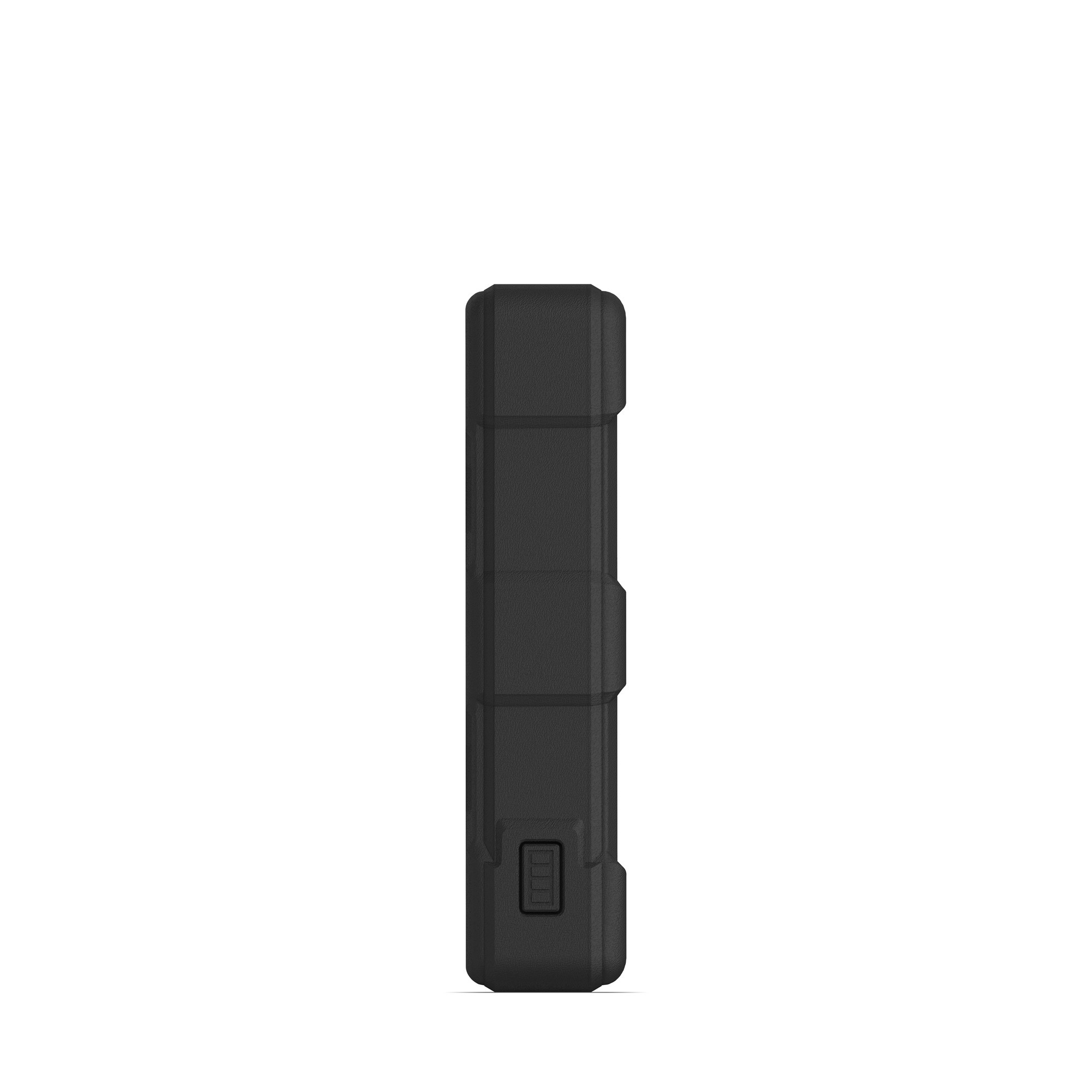 Vue latérale d'une batterie externe noire texturée. Bouton et indicateur de charge visibles.