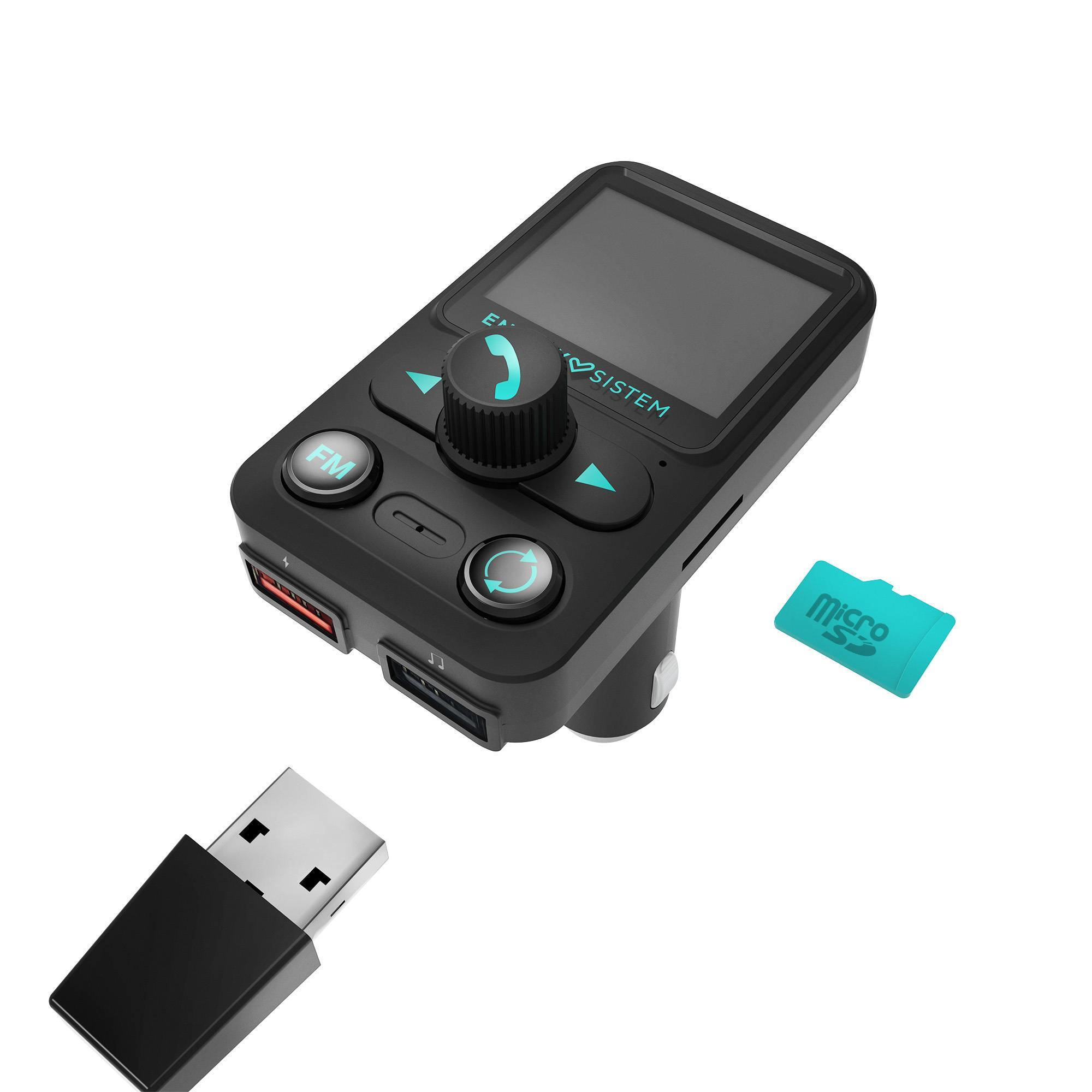 Czarny nadajnik FM do samochodu z ekranem, przyciskami oraz adapterem USB i kartą SD.