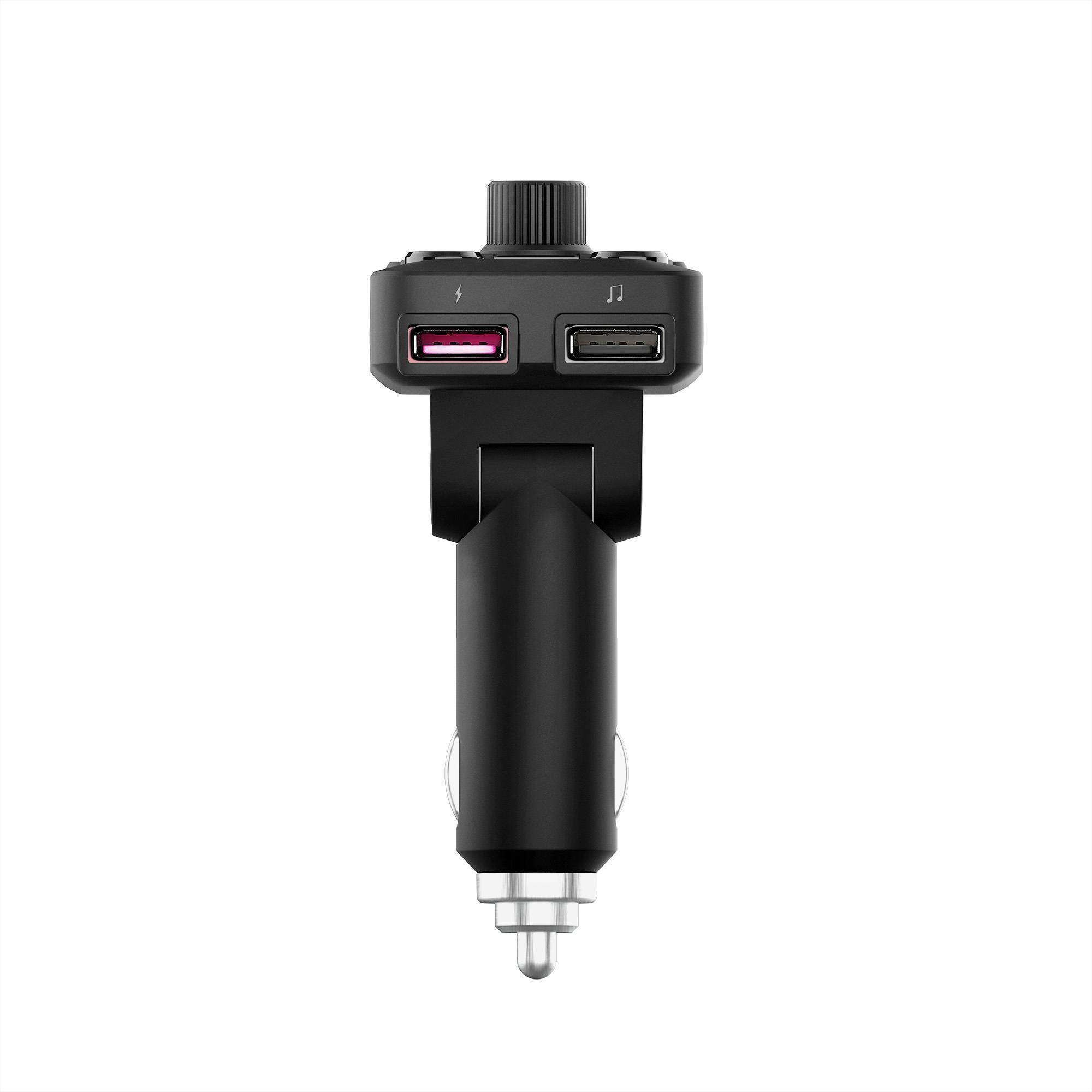 Czarna ładowarka samochodowa z dwoma portami USB i złączem USB na białym tle.