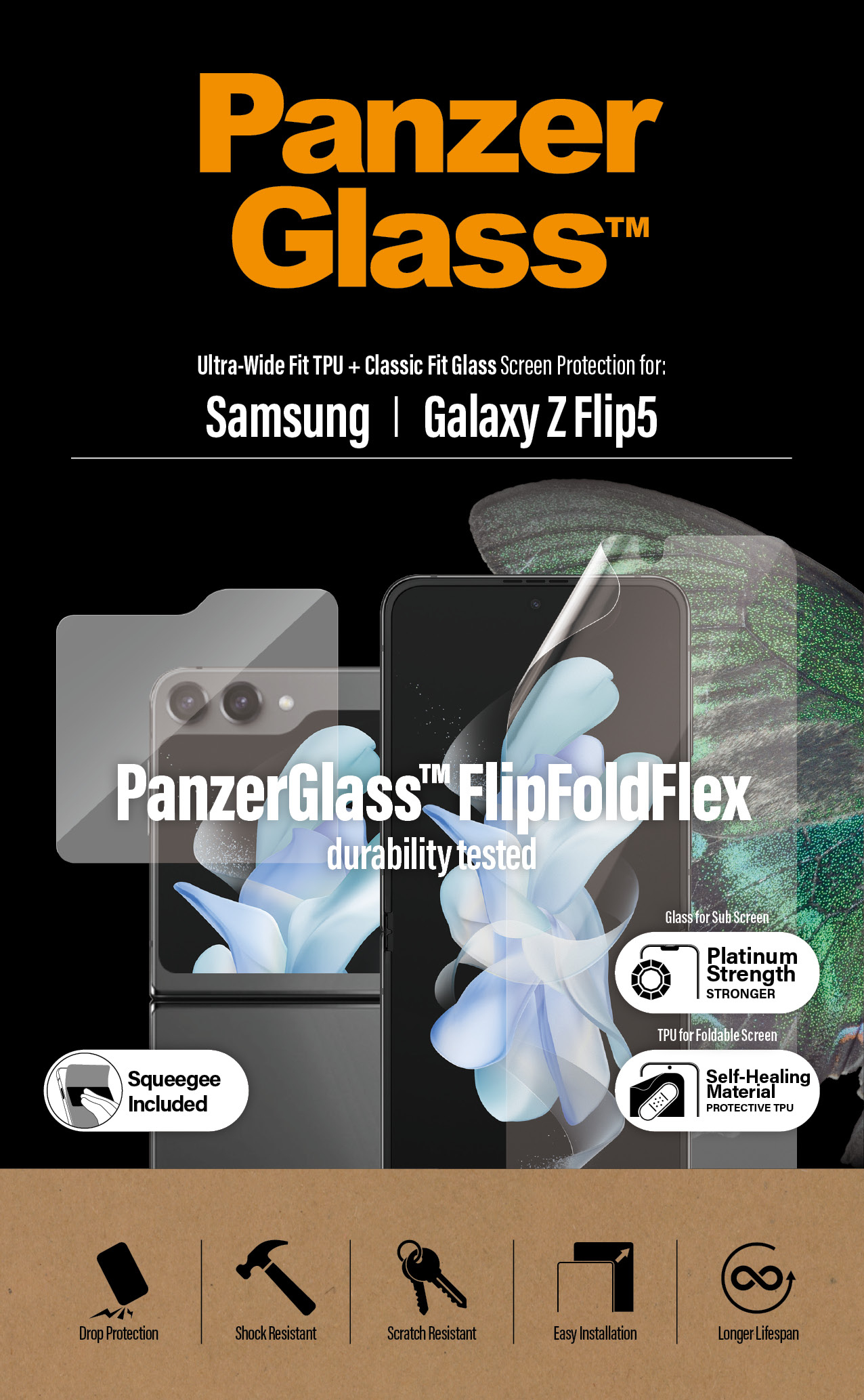 Telefoonschermbeschermer aangebracht op een telefoon. Een telefoon met een bloemenpatroon op de achtergrond.