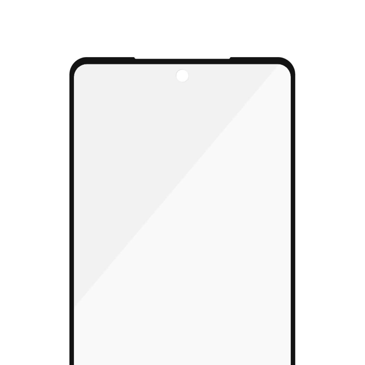 Primo piano dello schermo del telefono con tacca e protezione, sfondo bianco.
