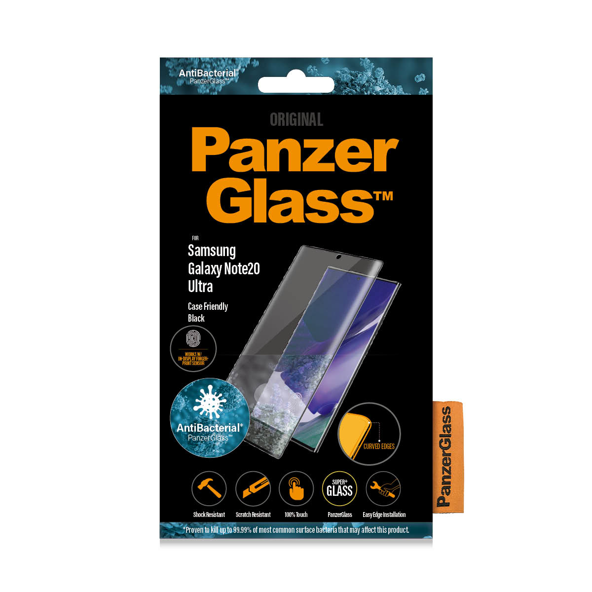 Scatola nera Panzer Glass per Samsung Galaxy Note20 Ultra con protezione schermo e immagine telefono.