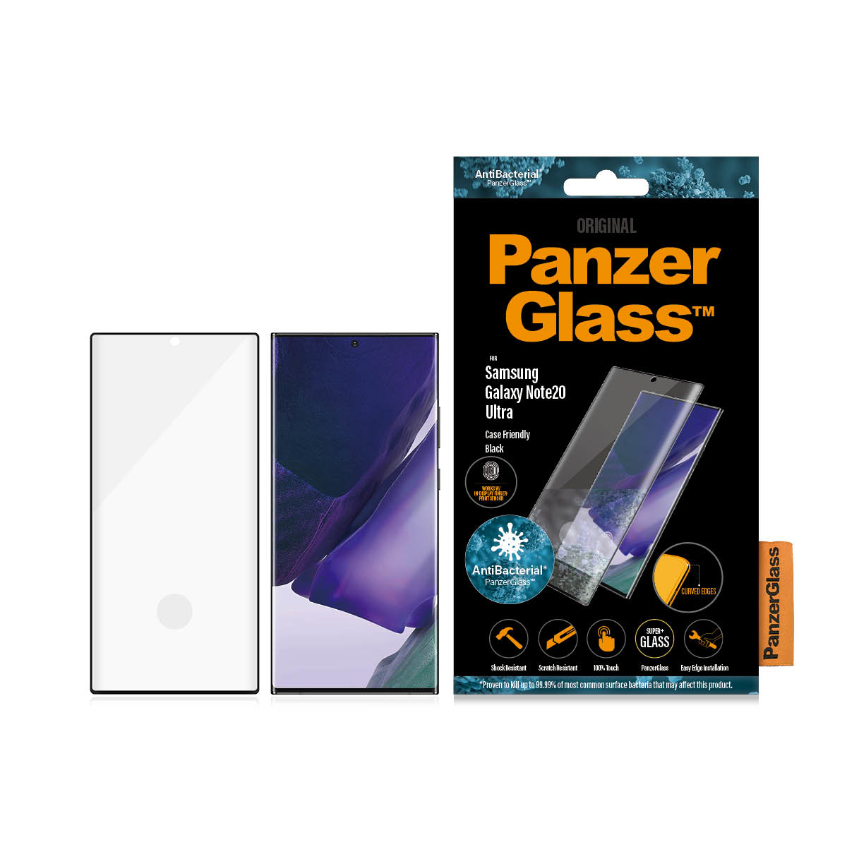 Protezione schermo e telefono accanto a una scatola Panzer Glass per Samsung Galaxy Note20 Ultra, su sfondo bianco.