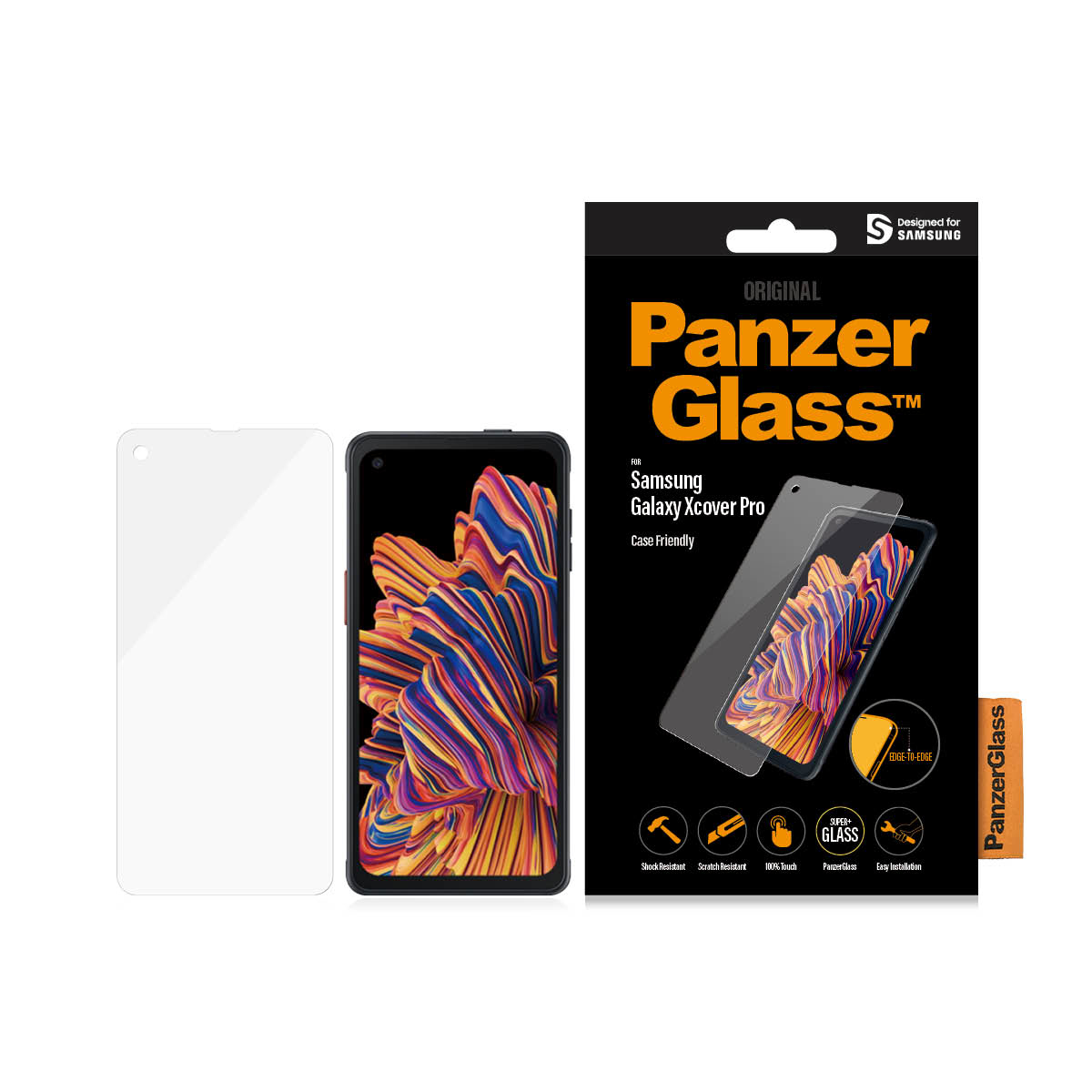 Proteggi schermo PanzerGlass e telefono. Lo schermo mostra sfondo e protezione.