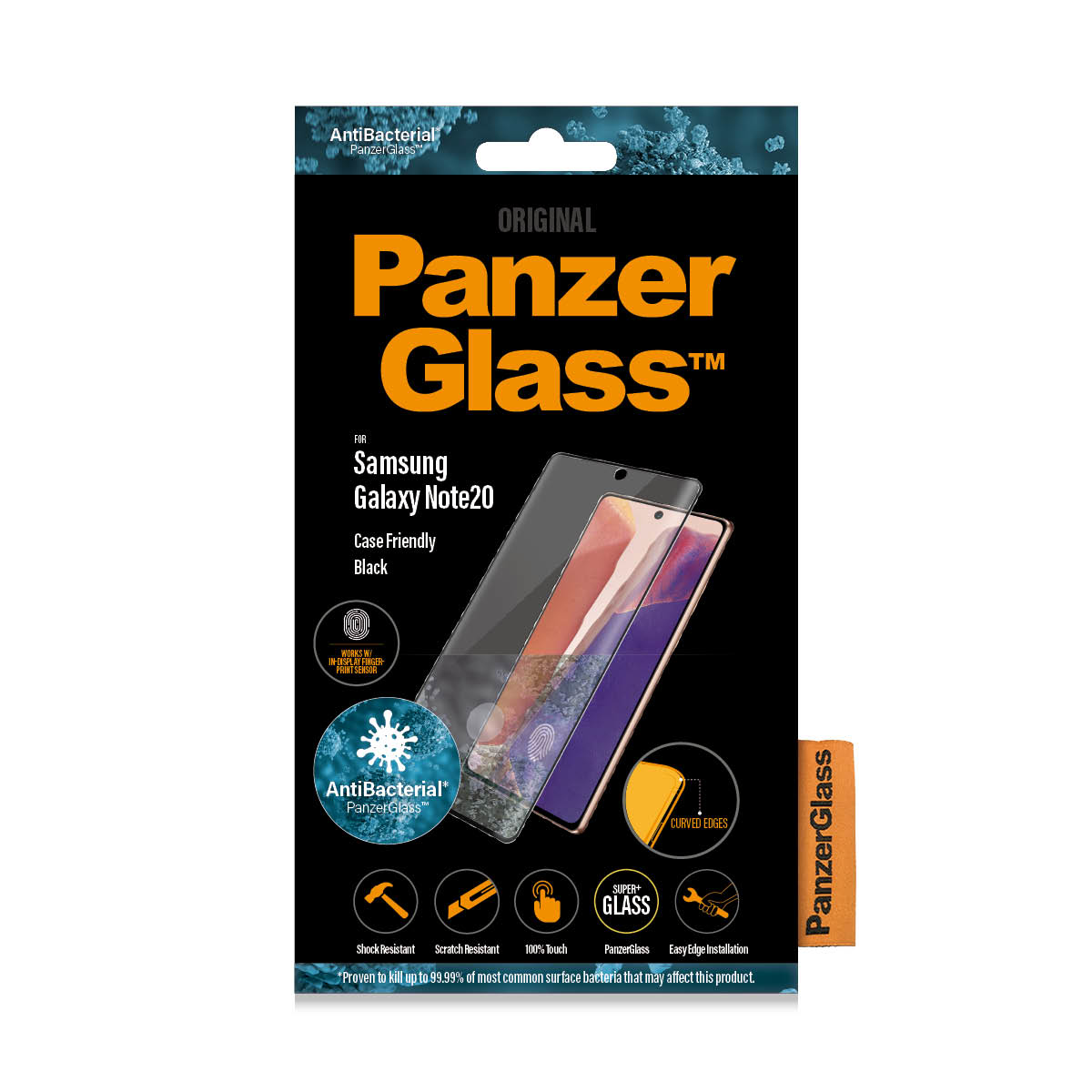 Scatola nera Panzer Glass per Samsung Galaxy Note20 con protezione schermo e immagine telefono su sfondo bianco.